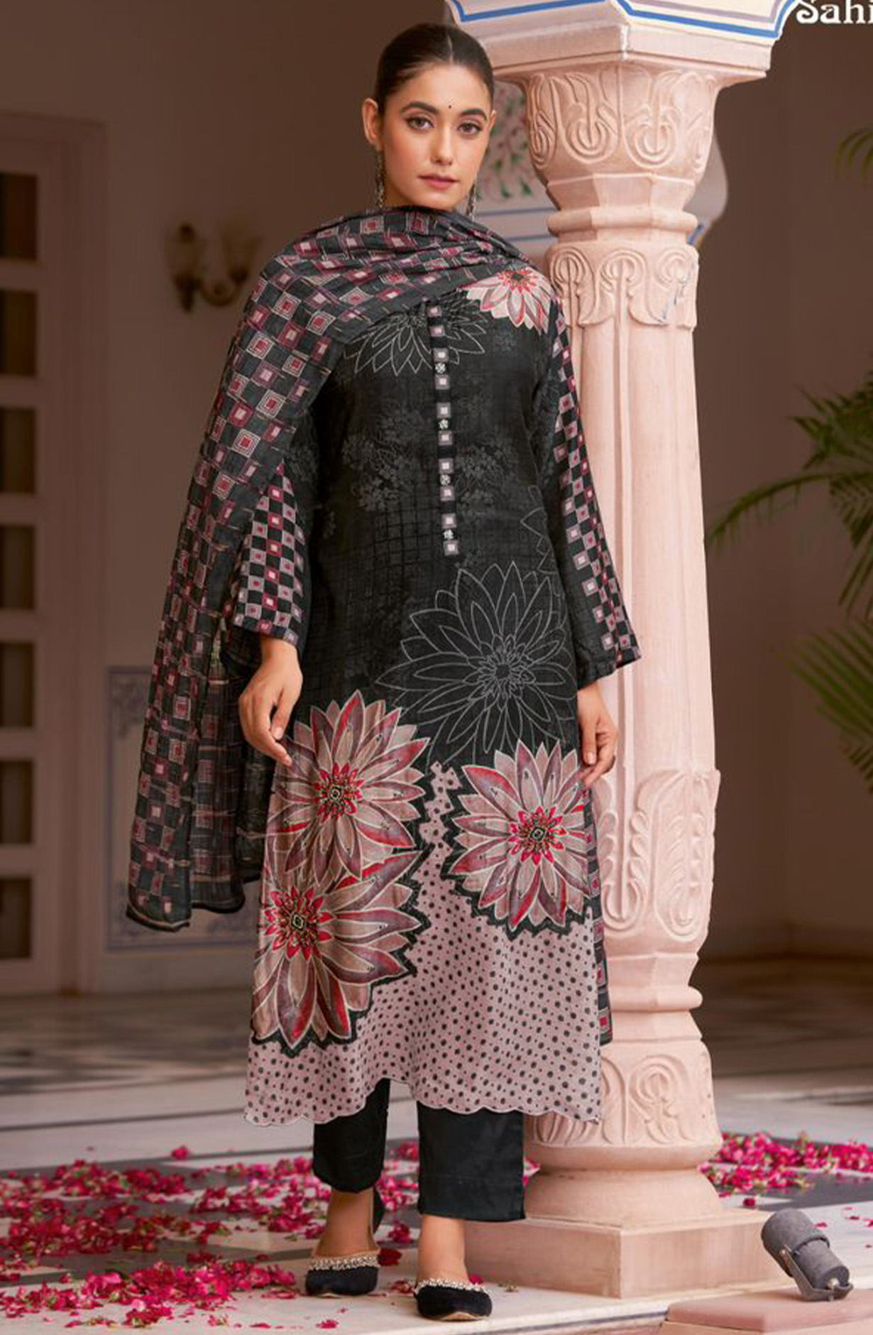 Black Muslin Silk Digital Printed Suit Set with Dupatta - HAN3095