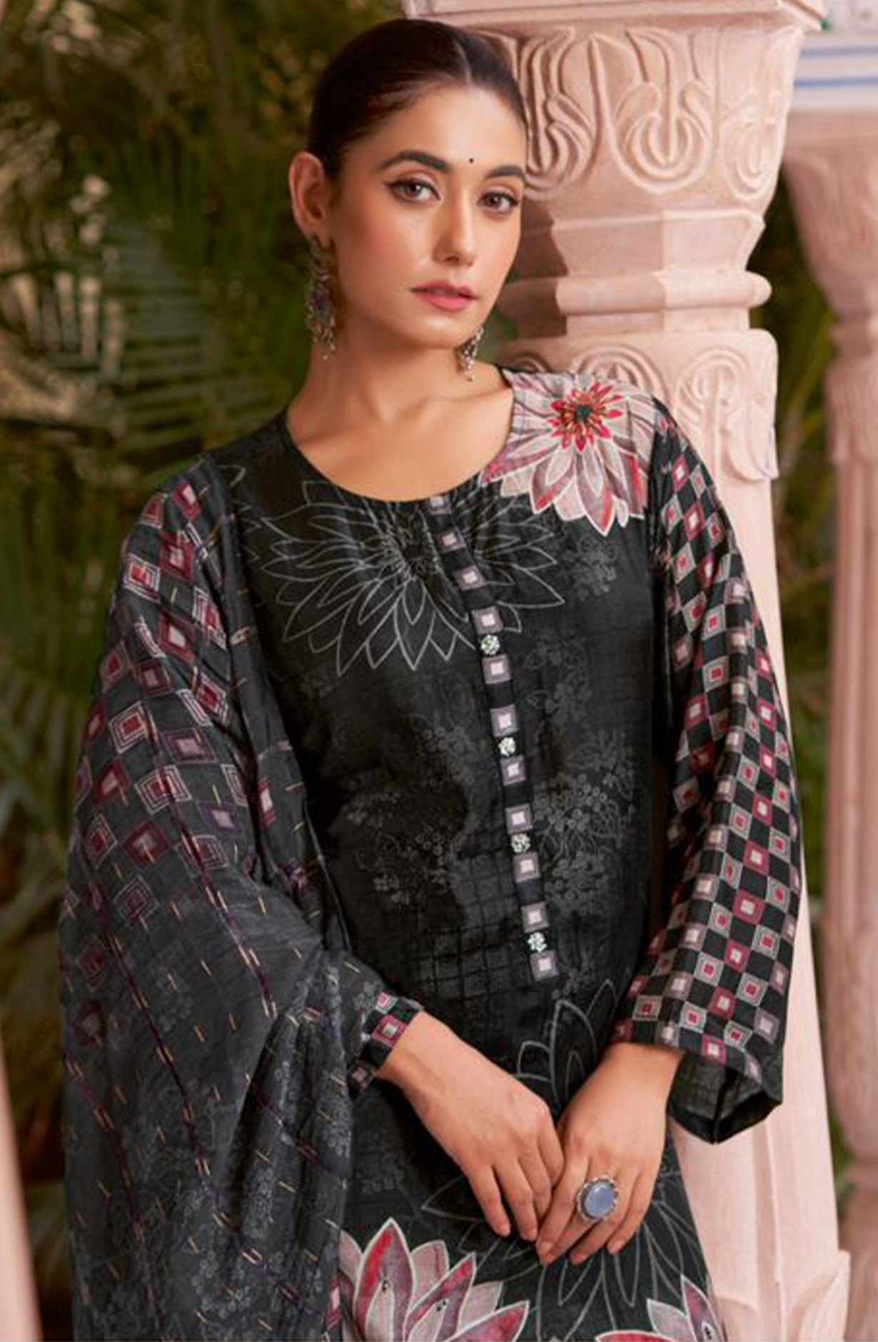 Black Muslin Silk Digital Printed Suit Set with Dupatta - HAN3095