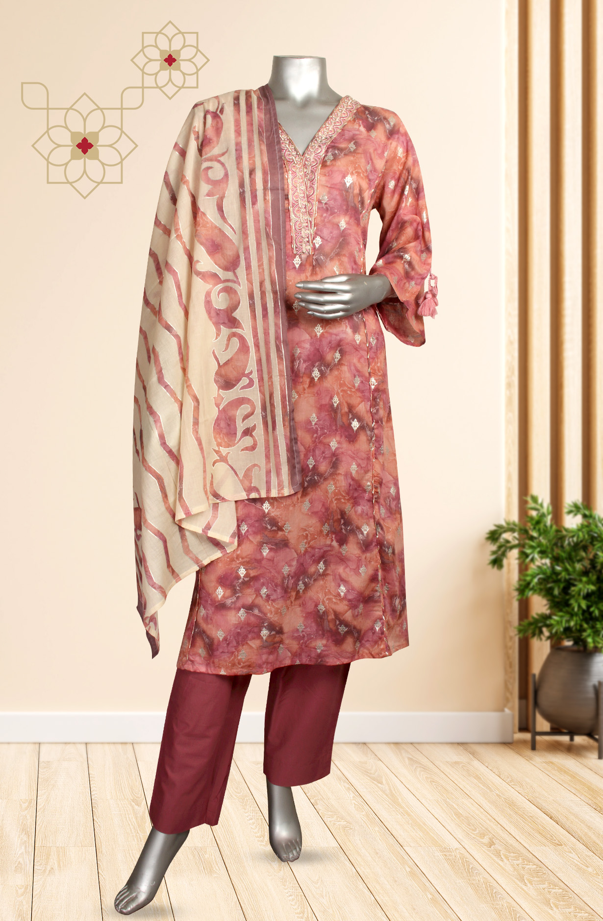 Ready-to-Wear Mauve Cotton Kurti Pant Set with Dupatta - HAPPY76885