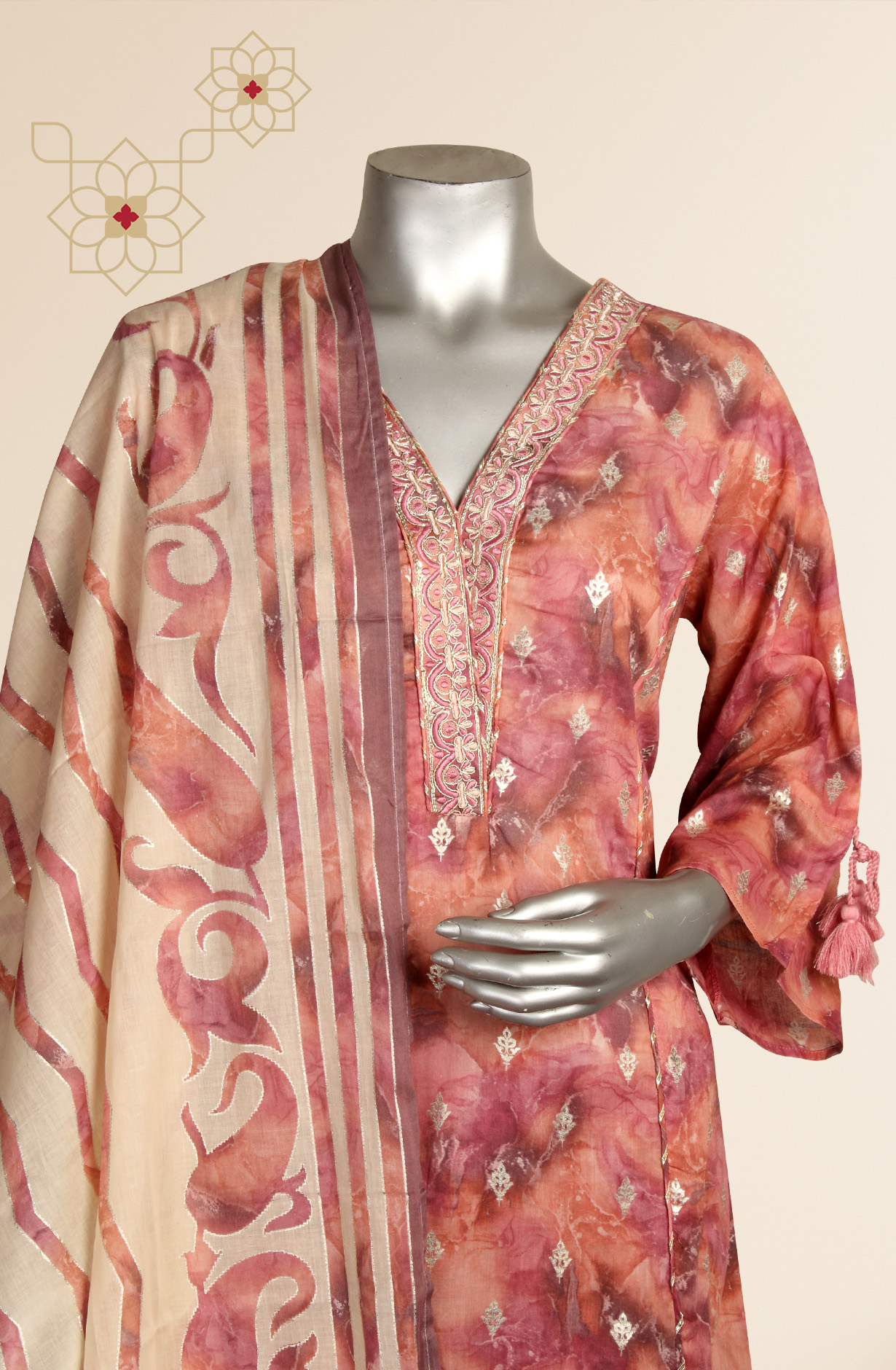 Ready-to-Wear Mauve Cotton Kurti Pant Set with Dupatta - HAPPY76885