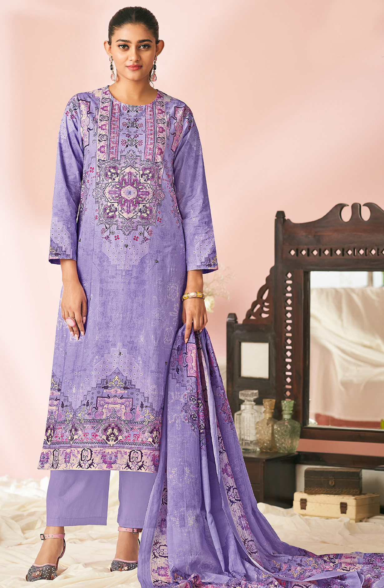 Purple Cotton Lawn Suit Set Aric Cotton Dupatta With Hand Work - HAR1630