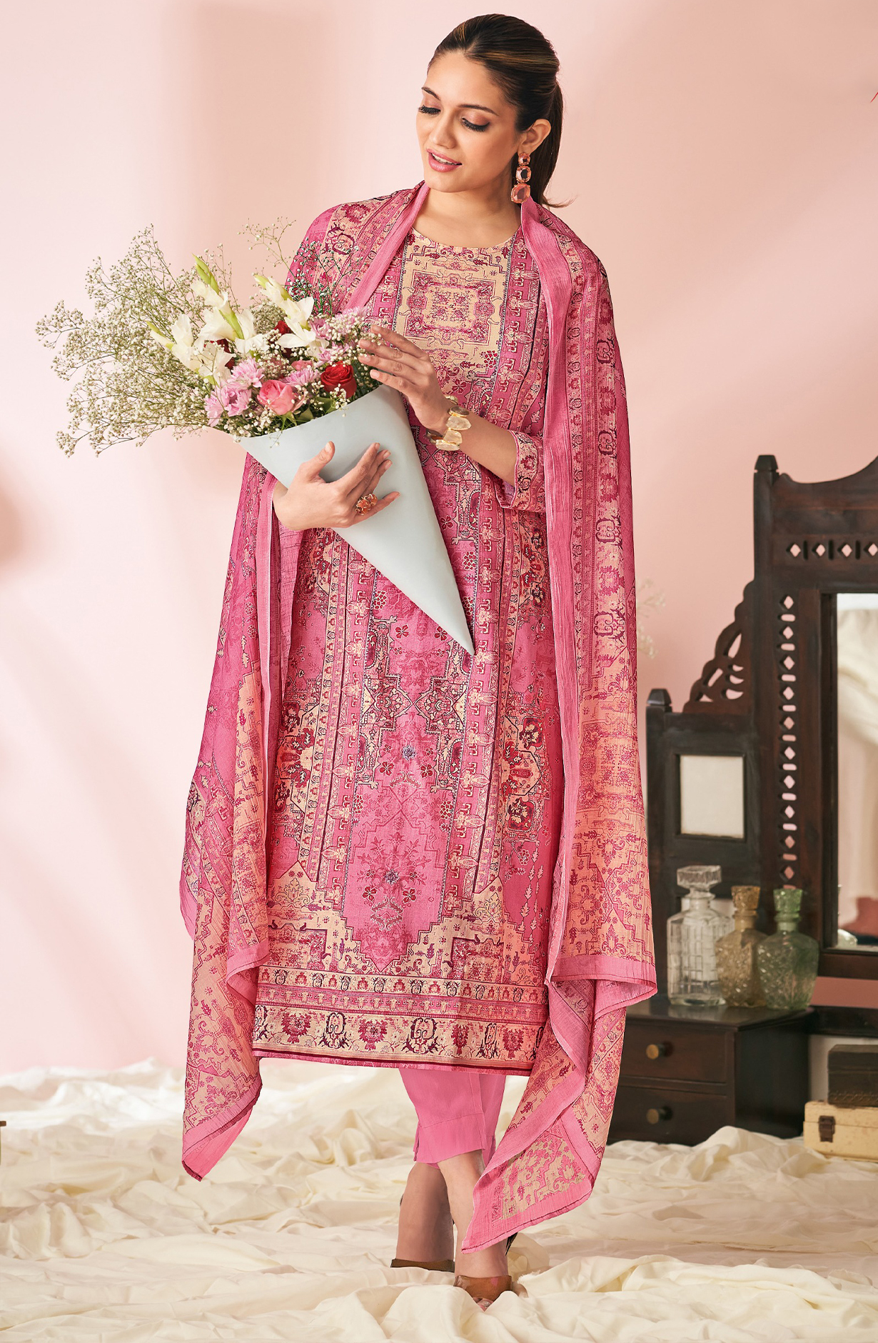 Pink Cotton Lawn Suit Set Aric Cotton Dupatta With Hand Work - HAR1649