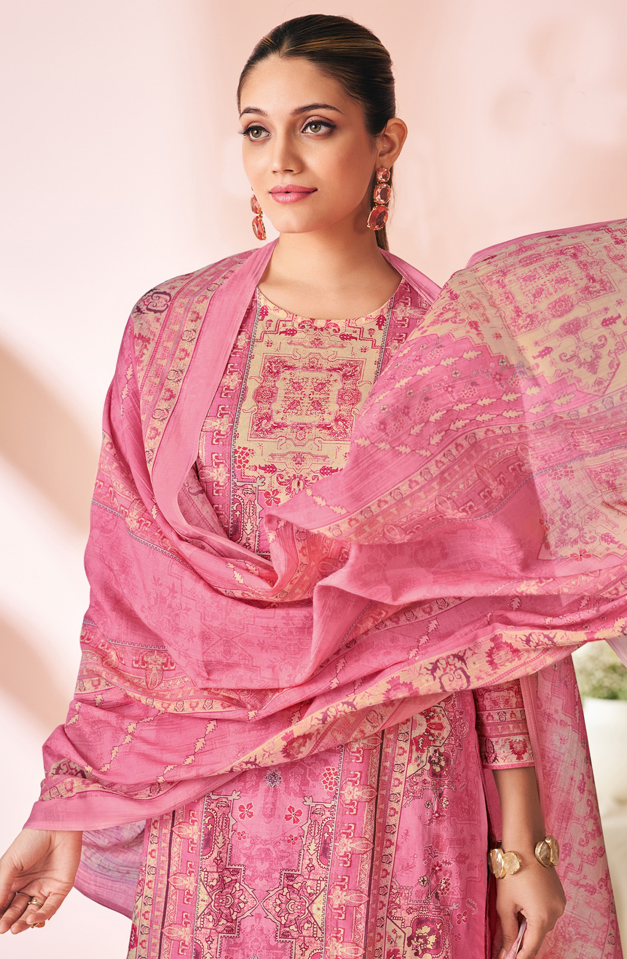 Pink Cotton Lawn Suit Set Aric Cotton Dupatta With Hand Work - HAR1649