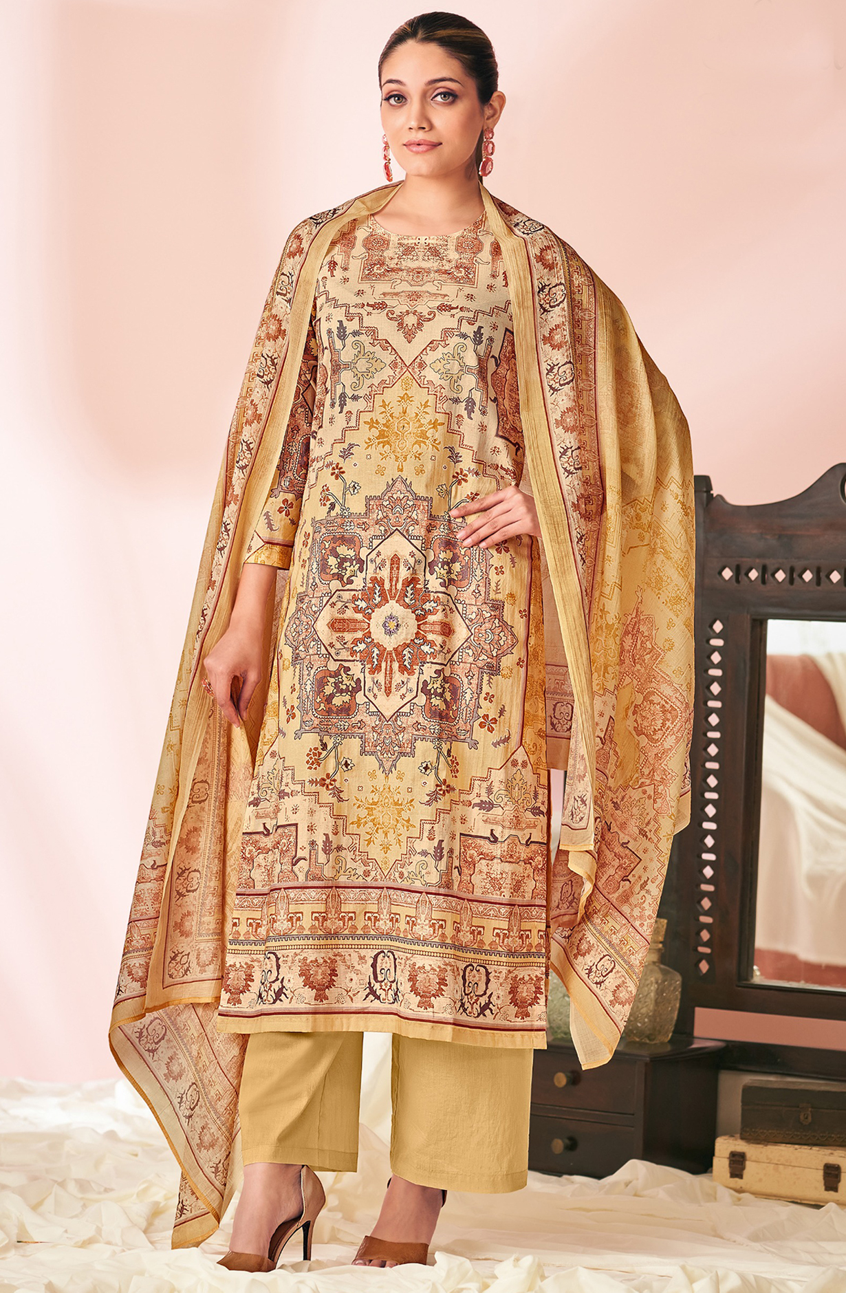 Mustard Cotton Lawn Suit Set Aric Cotton Dupatta With Hand Work - HAR1676