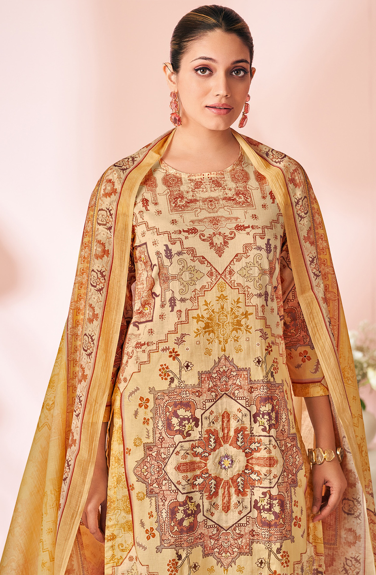 Mustard Cotton Lawn Suit Set Aric Cotton Dupatta With Hand Work - HAR1676