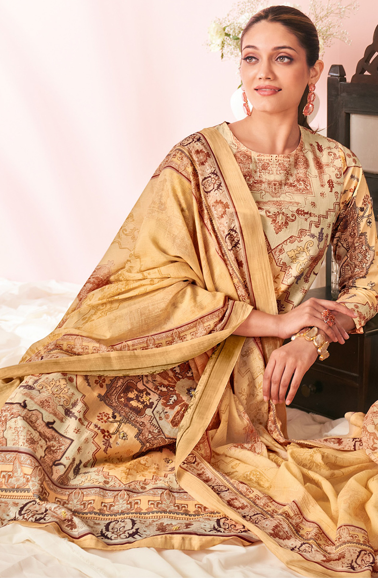 Mustard Cotton Lawn Suit Set Aric Cotton Dupatta With Hand Work - HAR1676