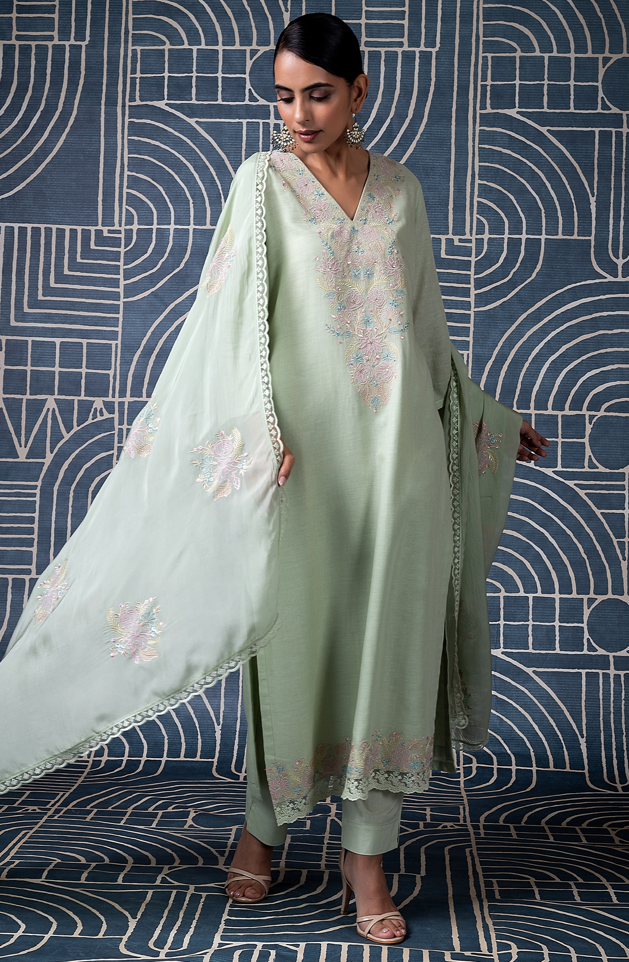 Sea Green Linen Embroidered Salwar Kameez with Organza Dupatta - HAZ2192A