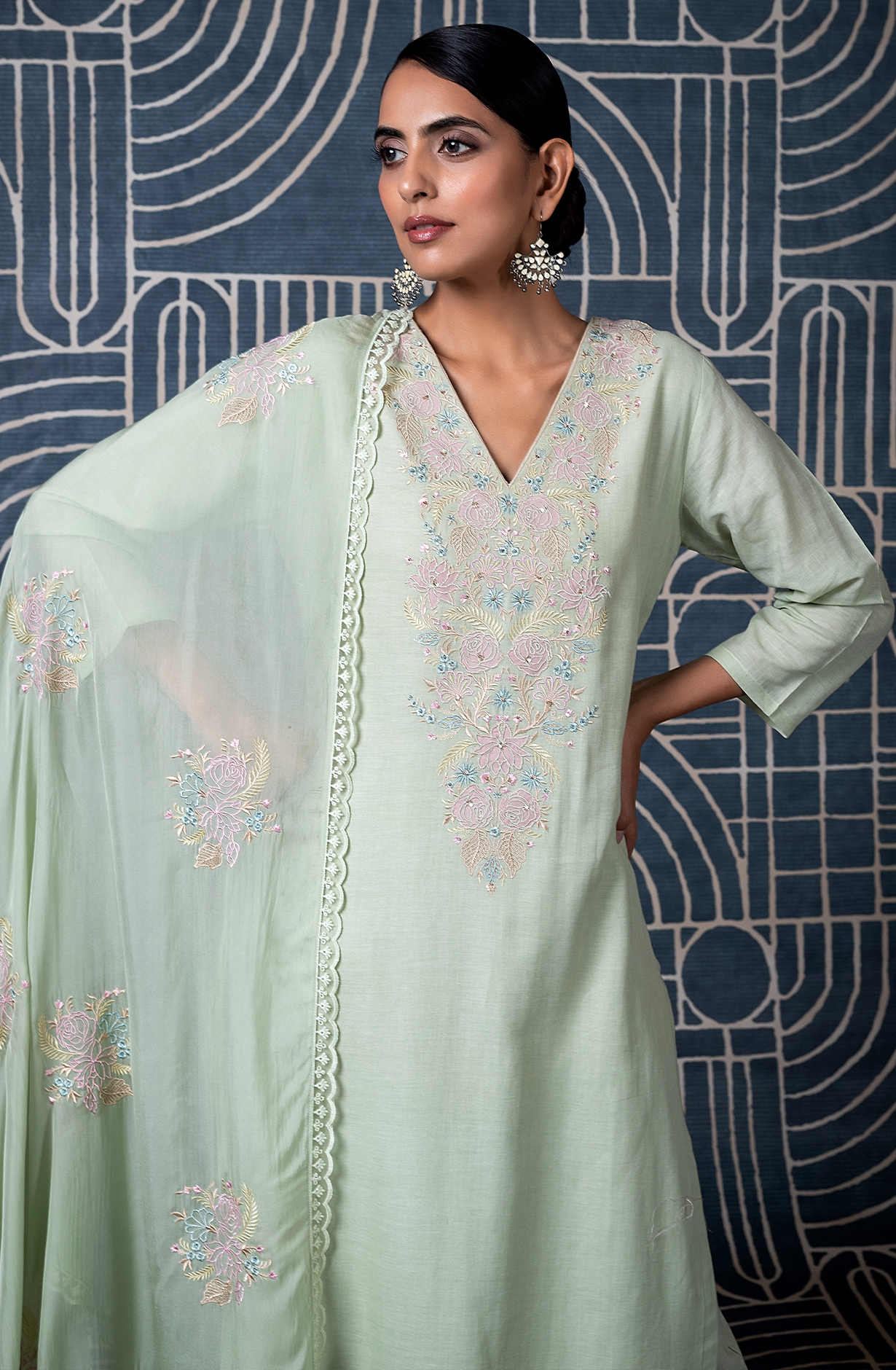 Sea Green Linen Embroidered Salwar Kameez with Organza Dupatta - HAZ2192A