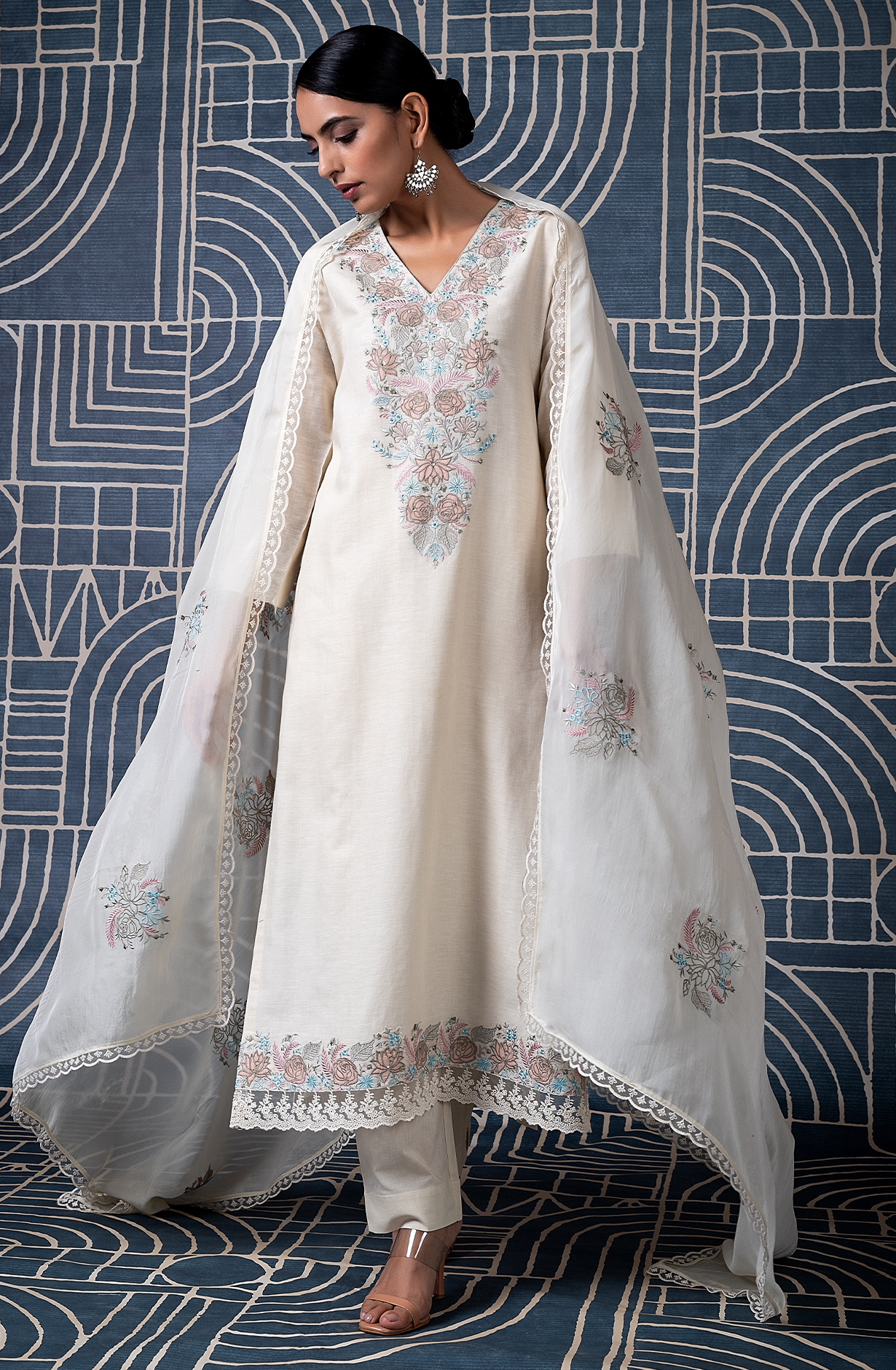 Cream Linen Embroidered Salwar Kameez with Organza Dupatta - HAZ2192B