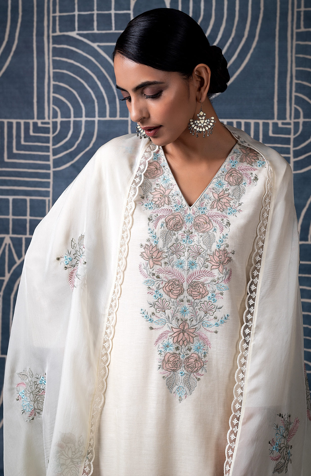 Cream Linen Embroidered Salwar Kameez with Organza Dupatta - HAZ2192B