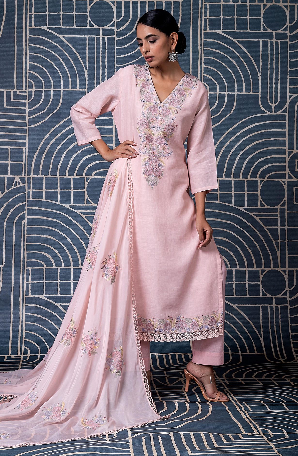 Pink Linen Embroidered Salwar Kameez with Organza Dupatta - HAZ2192C