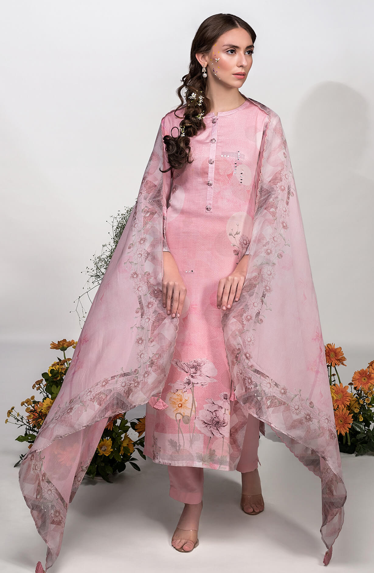 Pink Cotton Lawn Digital Printed Salwar Kameez with Organza Dupatta - HAZ9972A