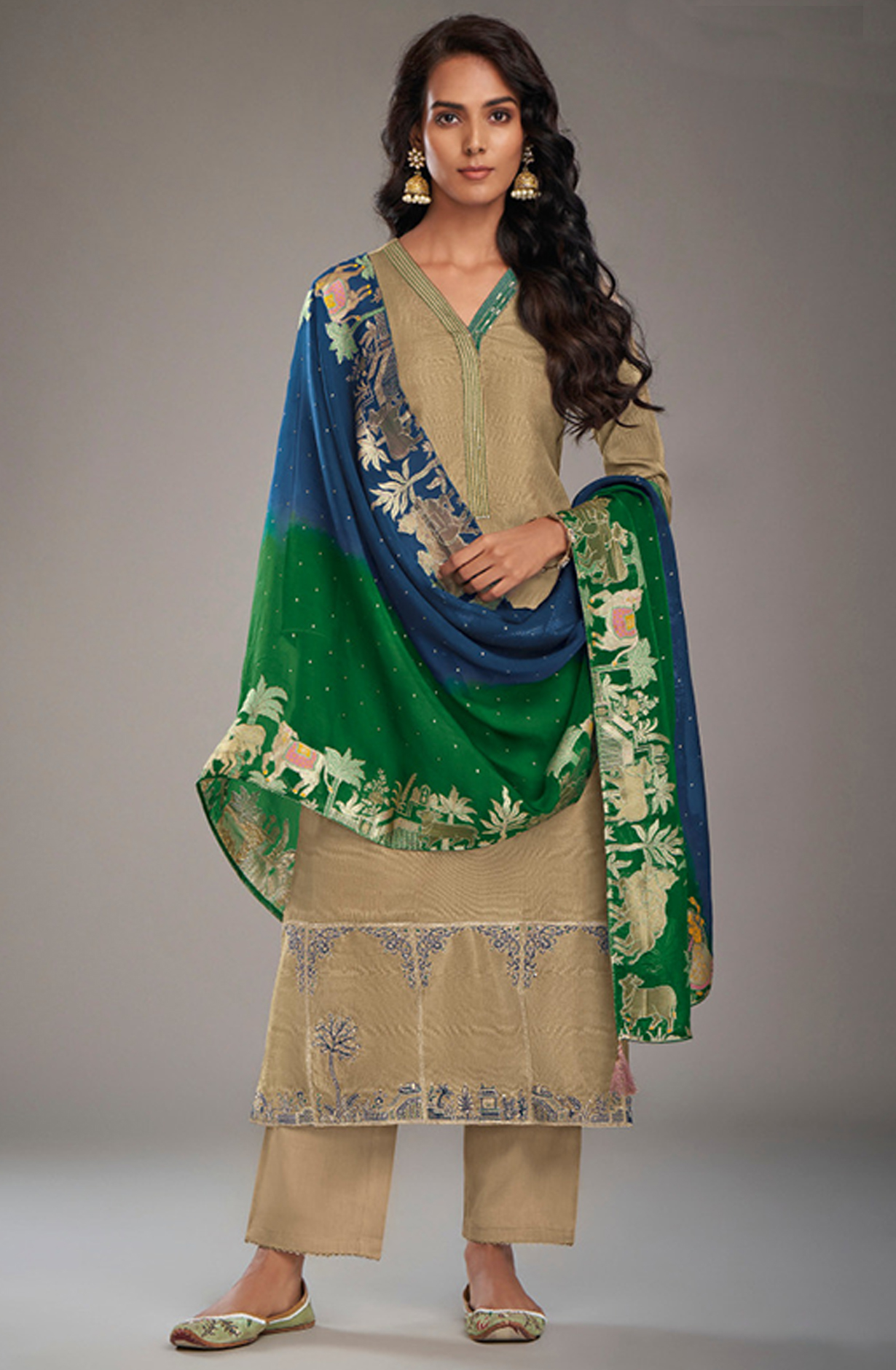 Embroidered Russian Silk Digital Printed suit with Jacquard Silk Organza Dupatta- HEN5871B