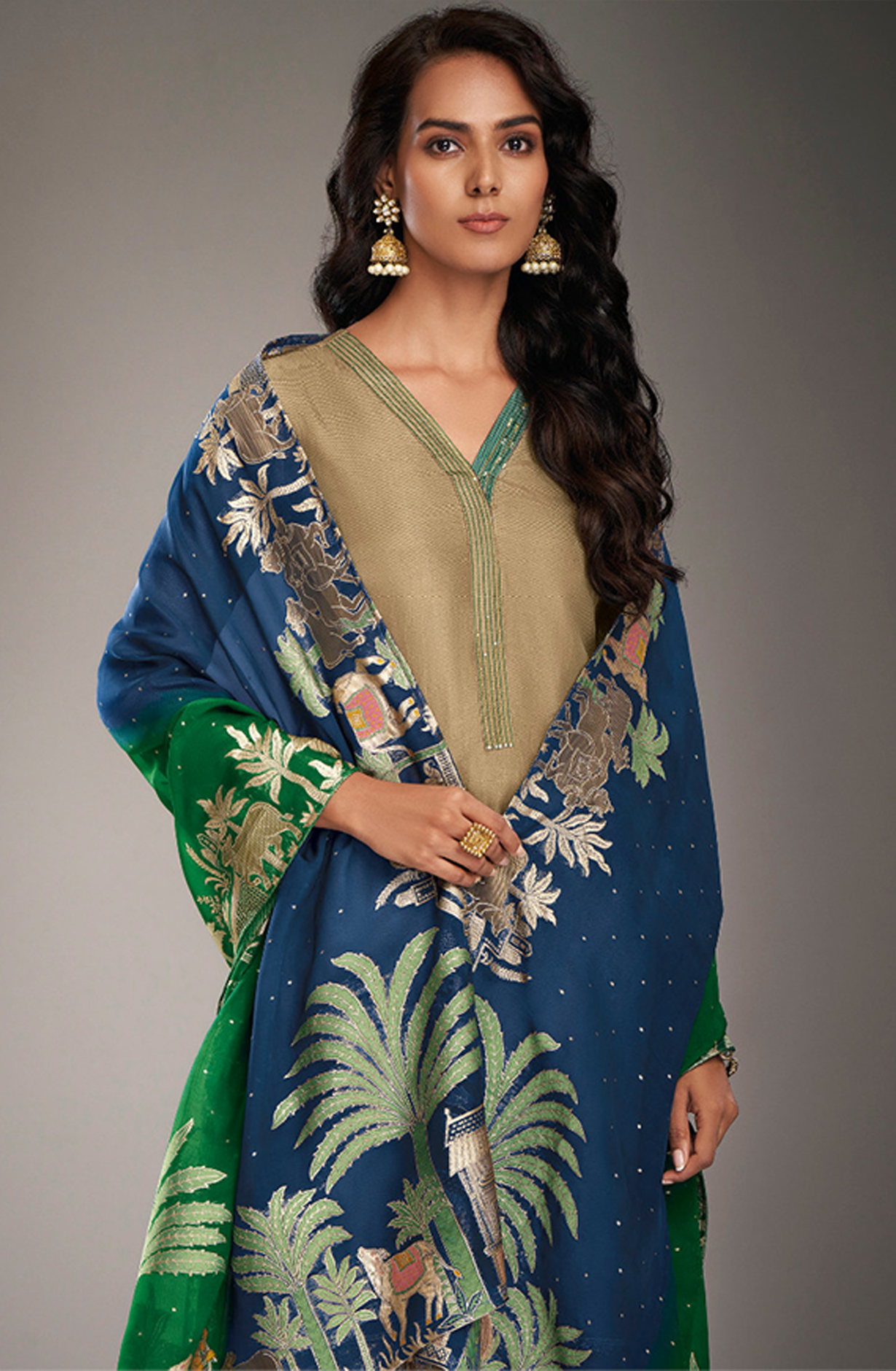 Embroidered Russian Silk Digital Printed suit with Jacquard Silk Organza Dupatta- HEN5871B