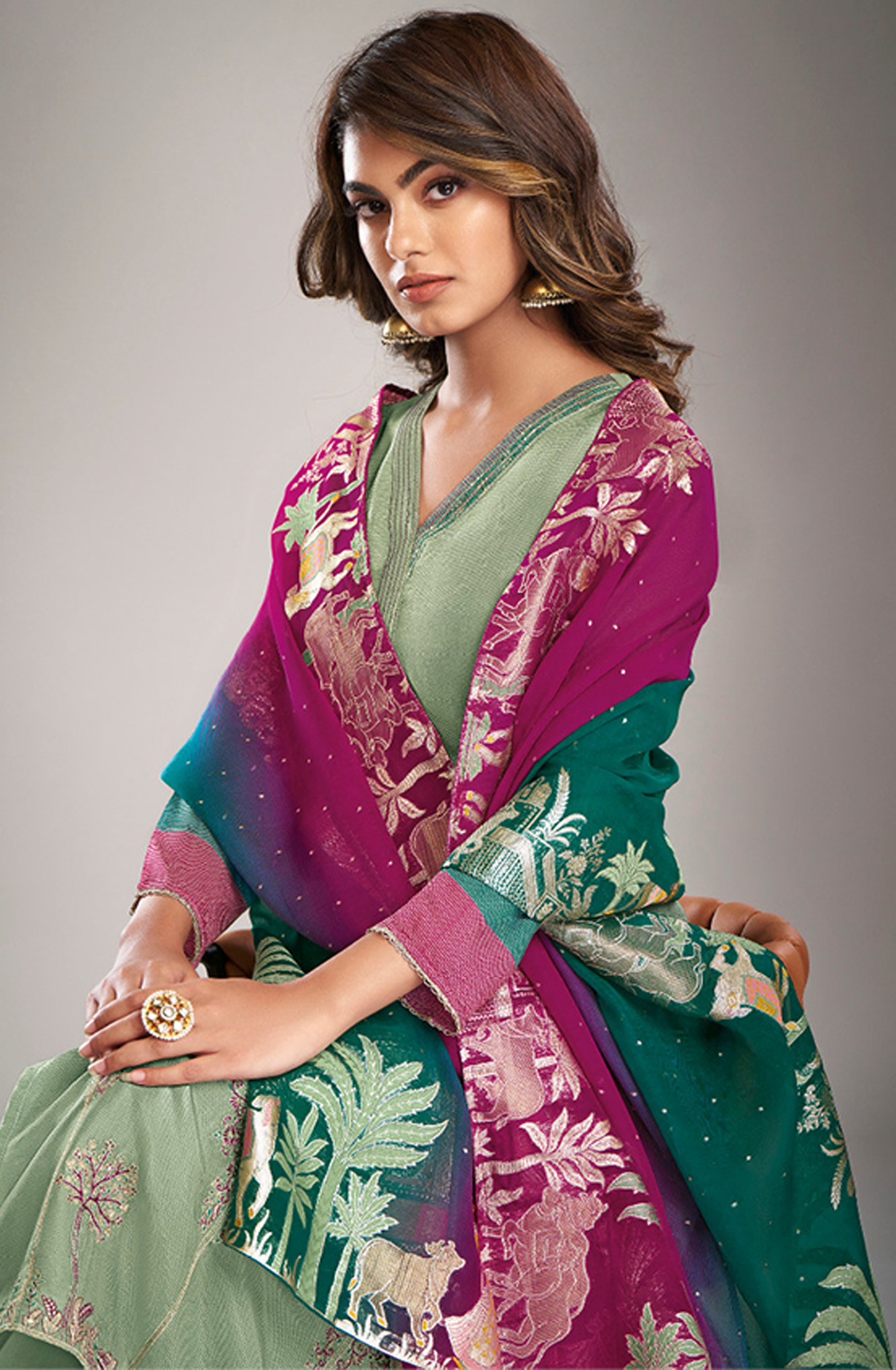 Embroidered Russian Silk Digital Printed suit with Jacquard Silk Organza Dupatta- HEN5871C