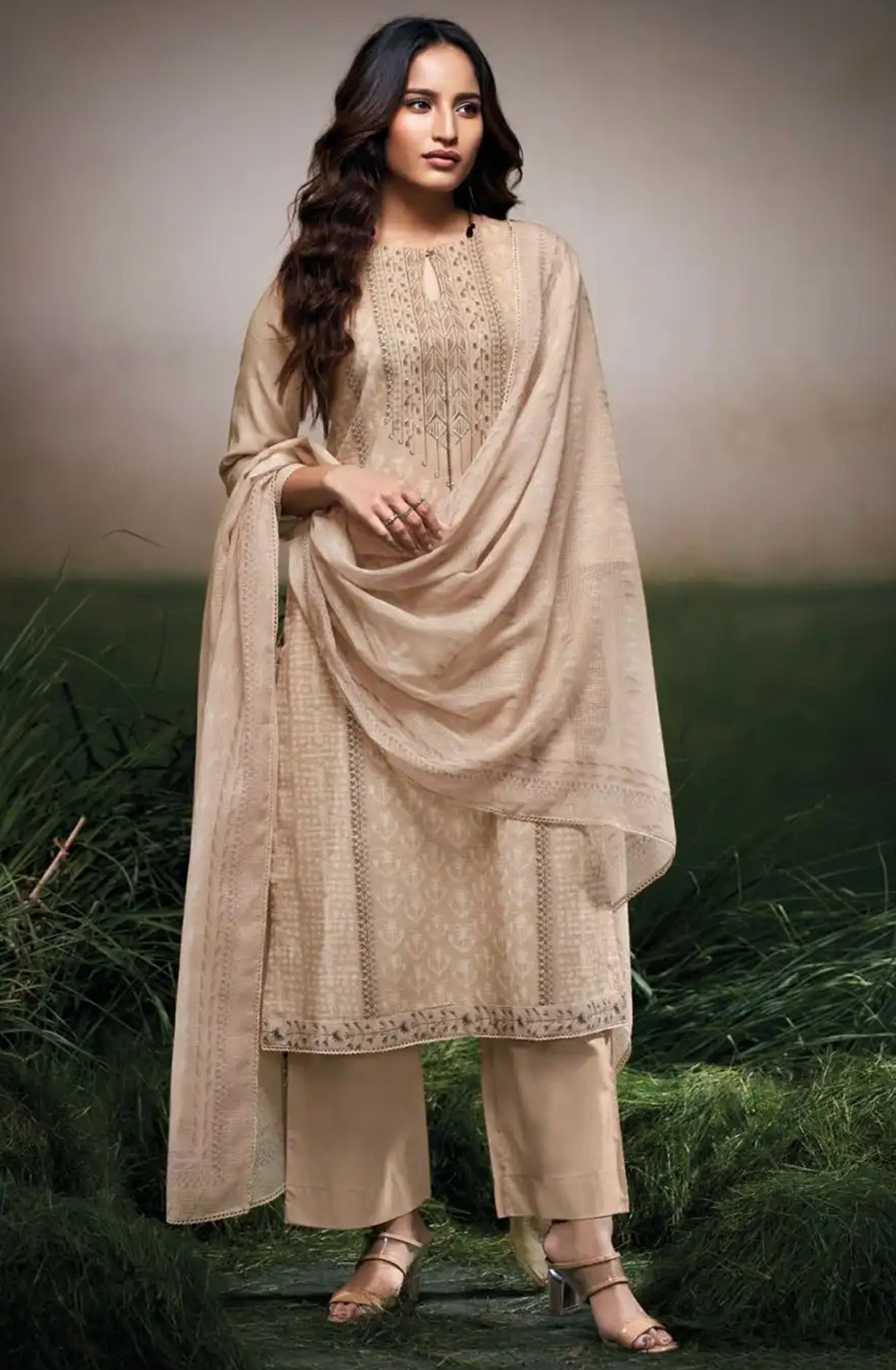 Beige Cotton Linen Printed Embroidered Beautiful Suit with Dupatta - HERS3531C
