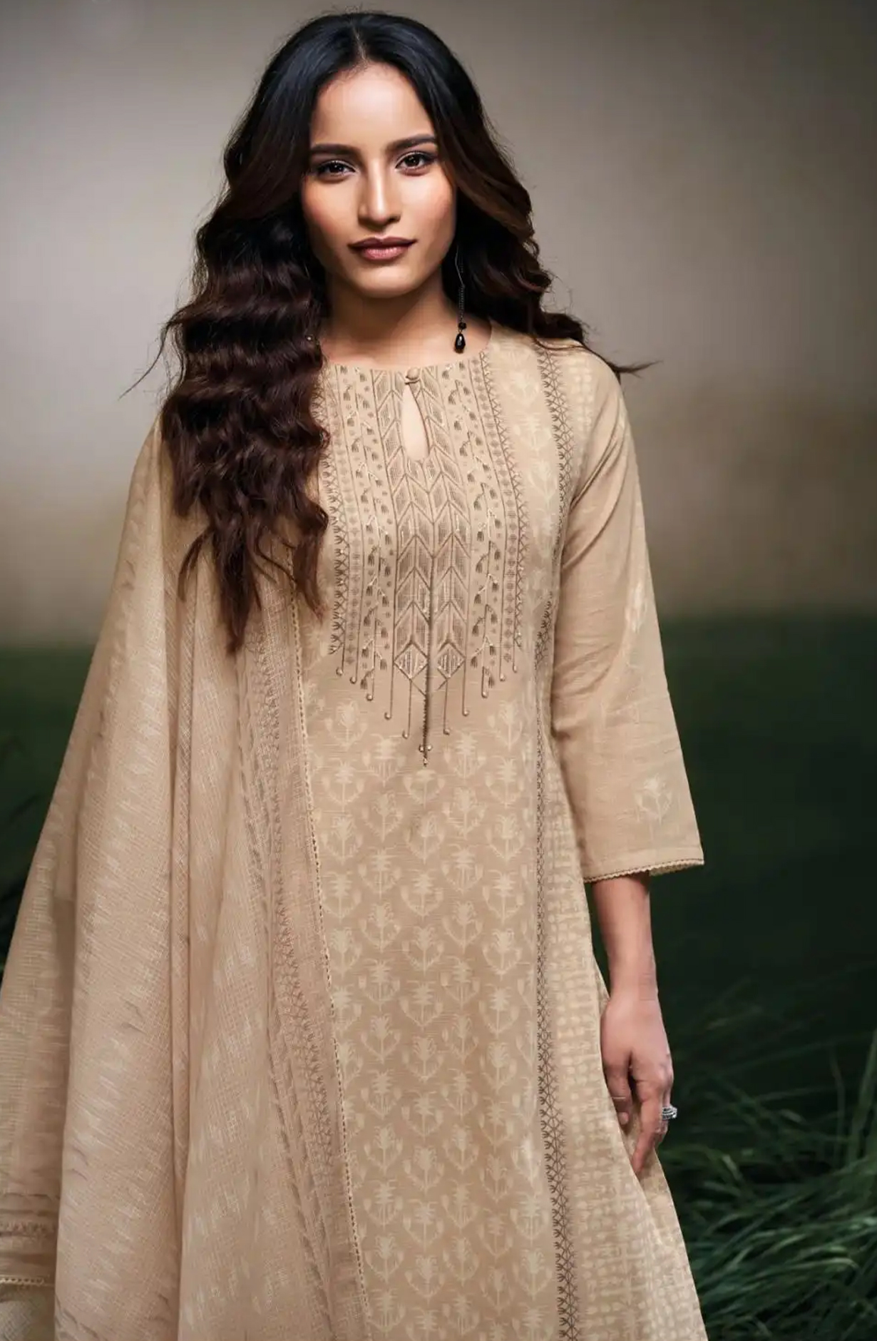 Beige Cotton Linen Printed Embroidered Beautiful Suit with Dupatta - HERS3531C