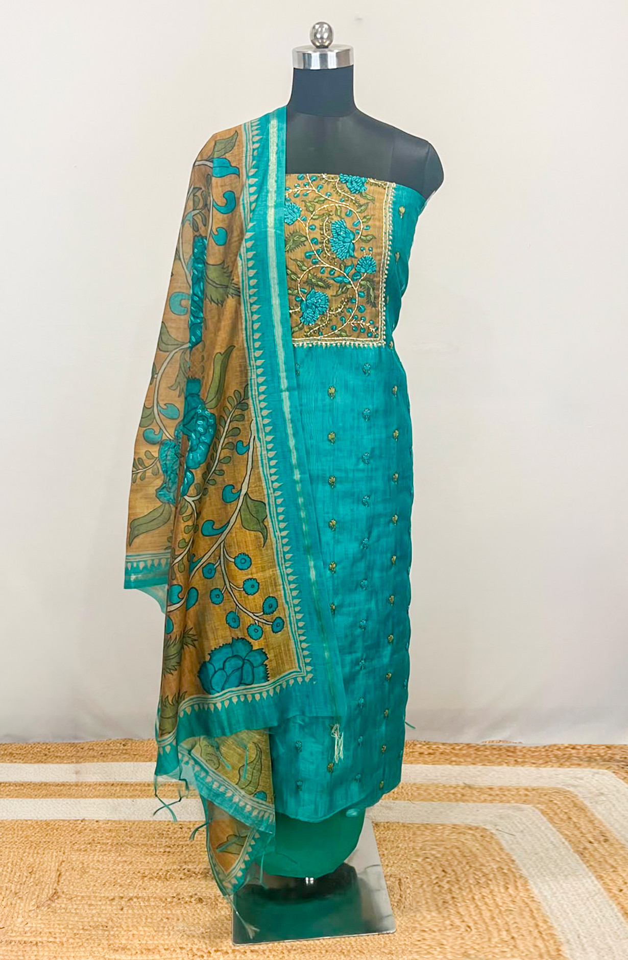 Teal Chanderi Unstitched Suit Set with Beautiful Dupatta - 985-VTA146B