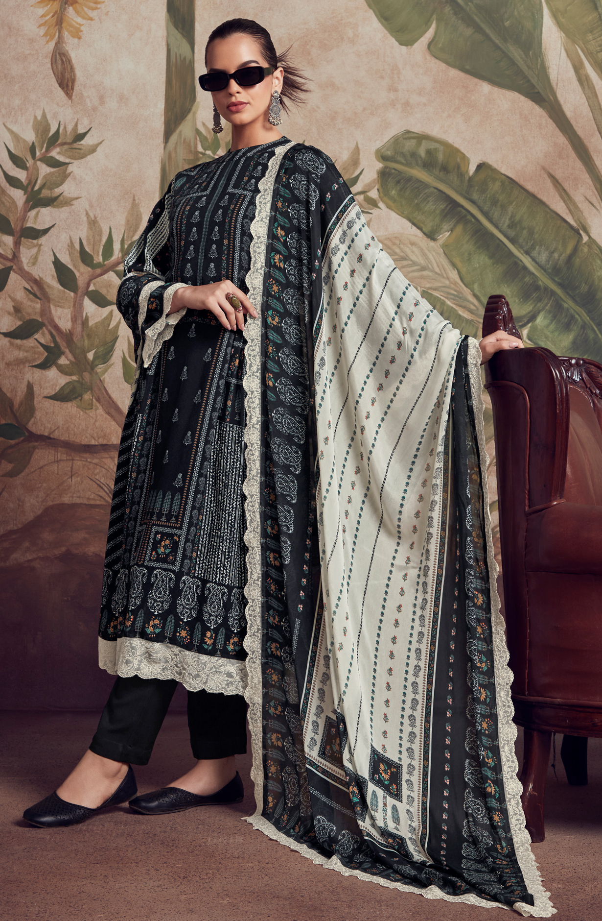 Designer Black Pashmina Winter Unstitched Suit with Chinon Dupatta - HUM9132