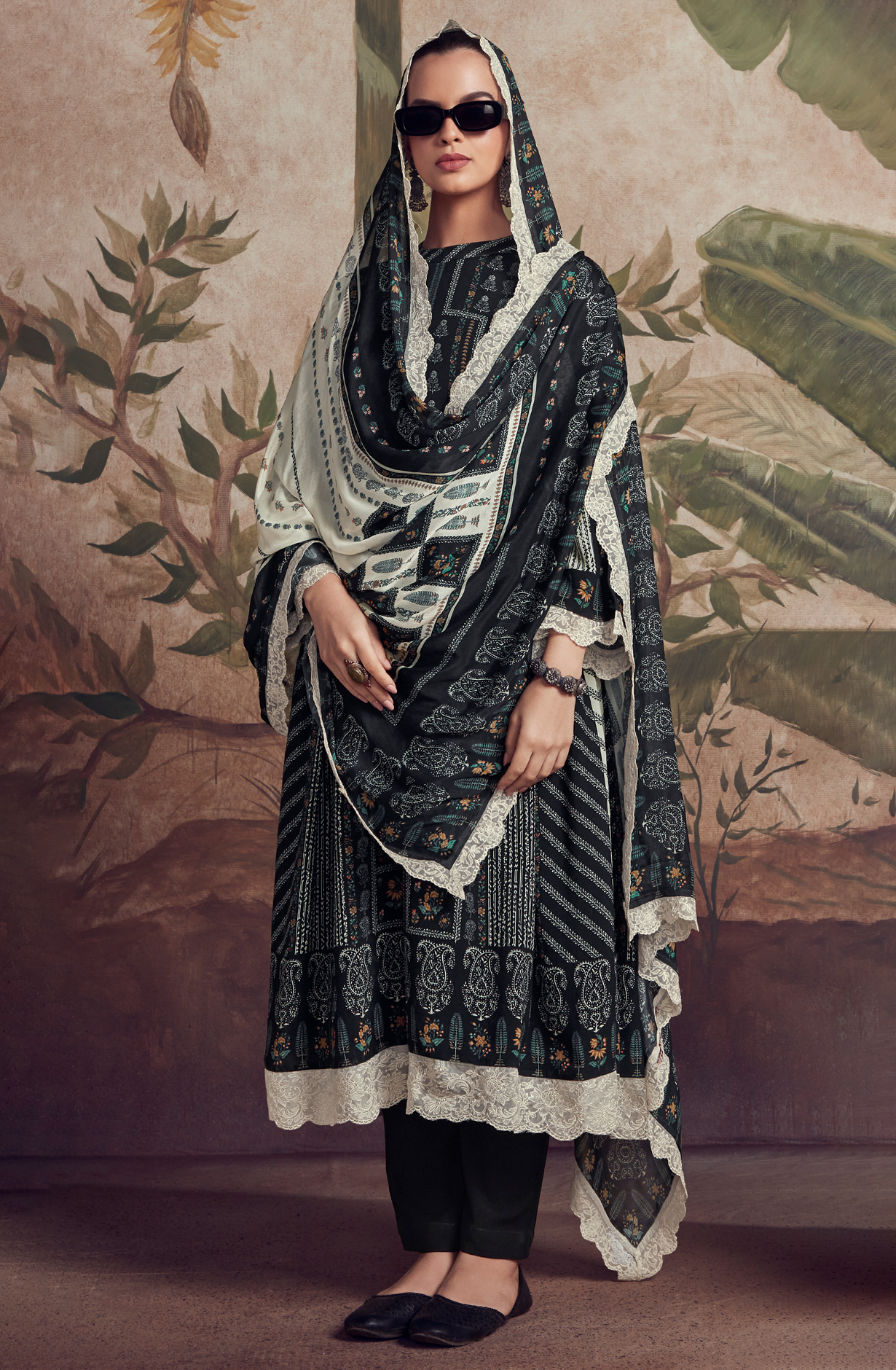 Designer Black Pashmina Winter Unstitched Suit with Chinon Dupatta - HUM9132