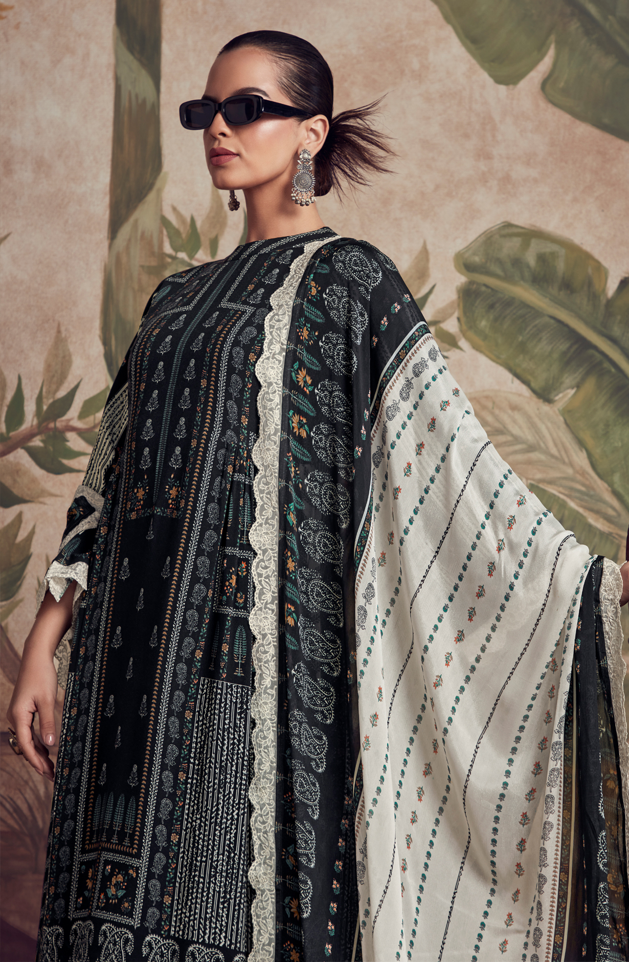 Designer Black Pashmina Winter Unstitched Suit with Chinon Dupatta - HUM9132