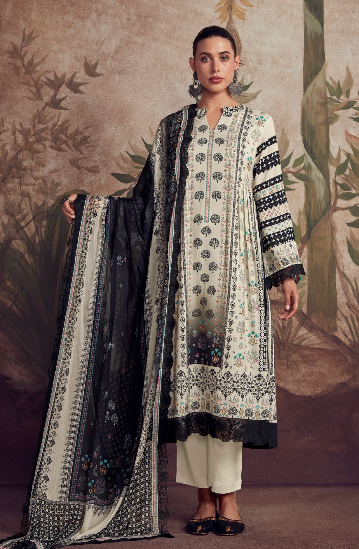Designer Off-white Black Pashmina Winter Unstitched Suit with Chinon Dupatta - HUM9133