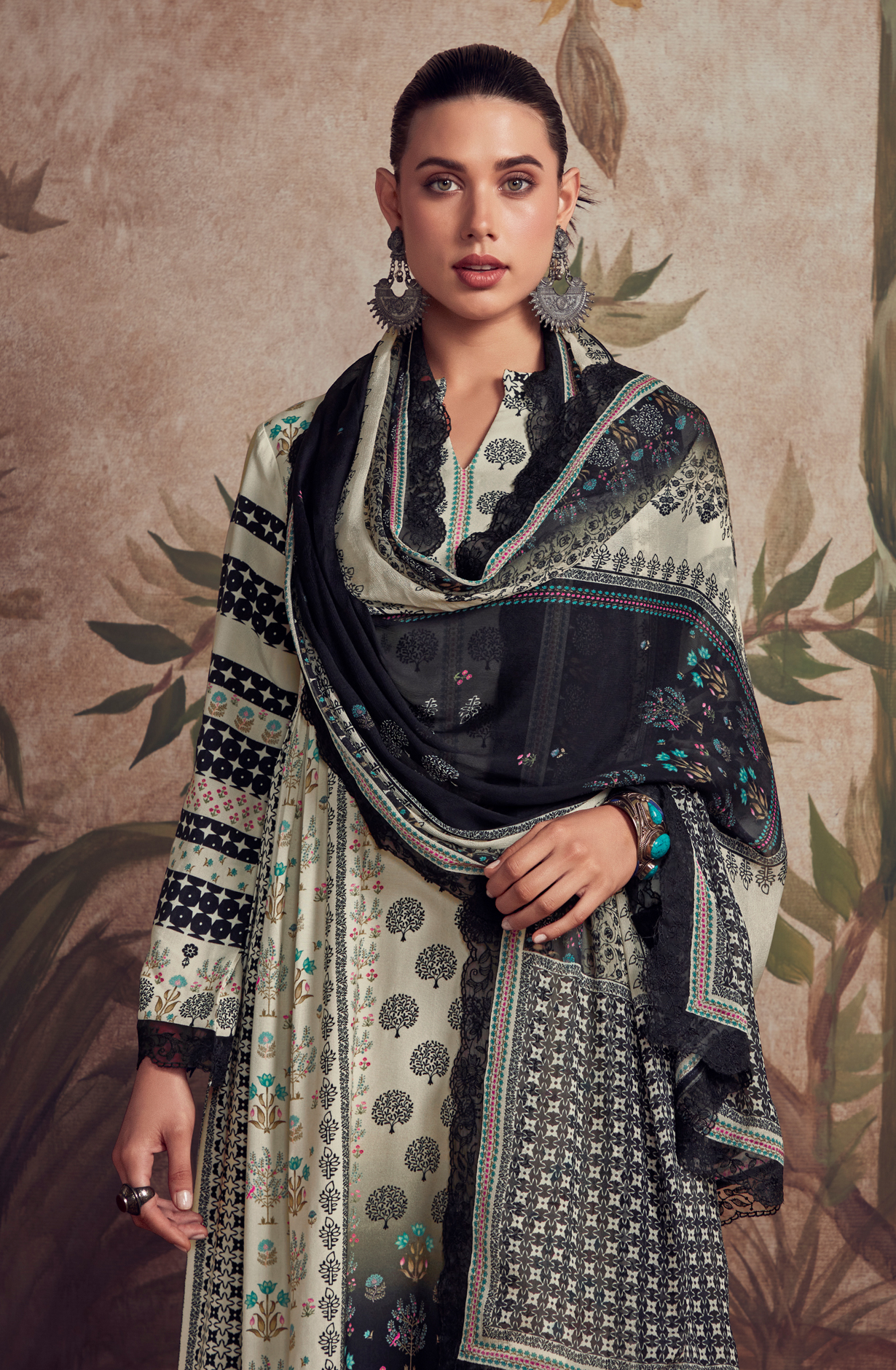 Designer Off-white Black Pashmina Winter Unstitched Suit with Chinon Dupatta - HUM9133