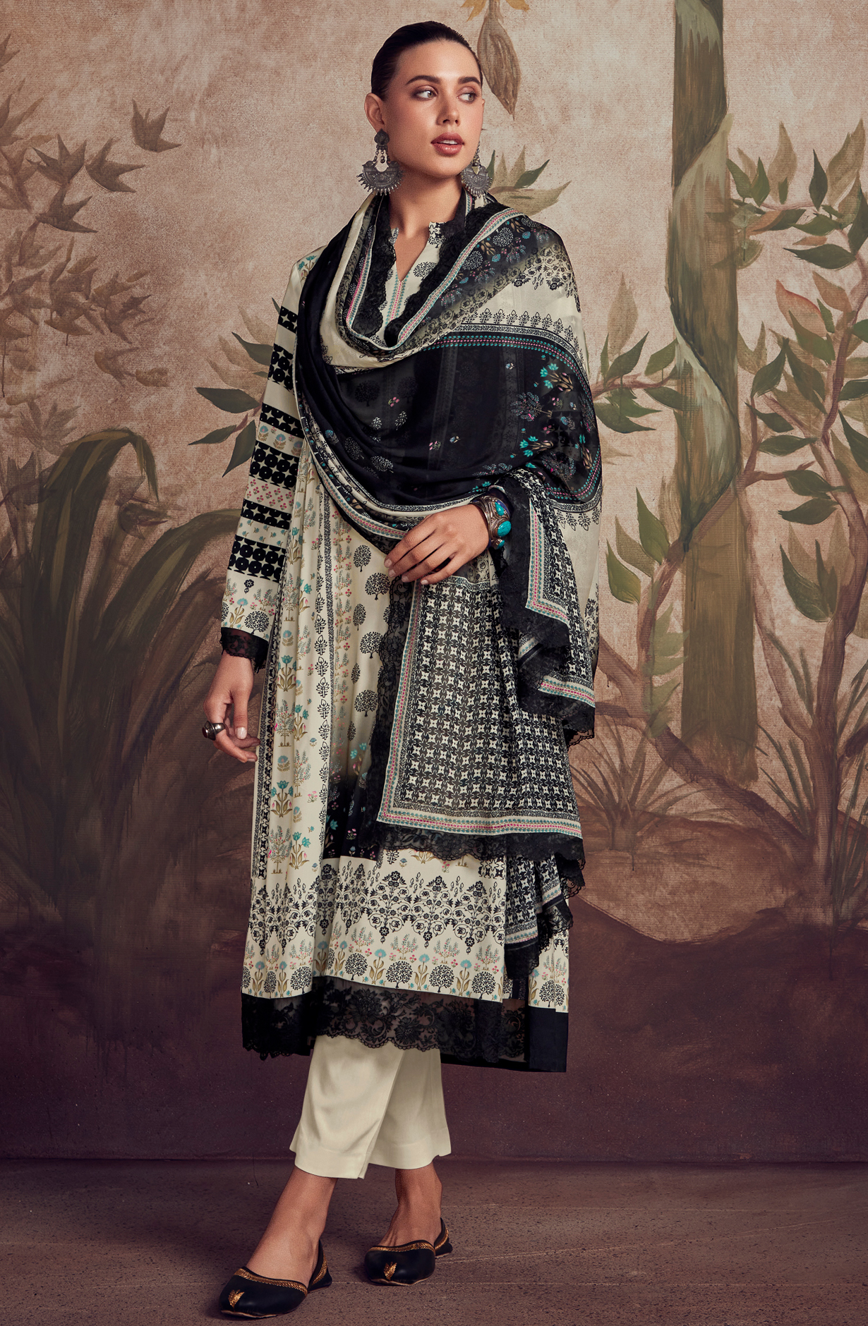 Designer Off-white Black Pashmina Winter Unstitched Suit with Chinon Dupatta - HUM9133