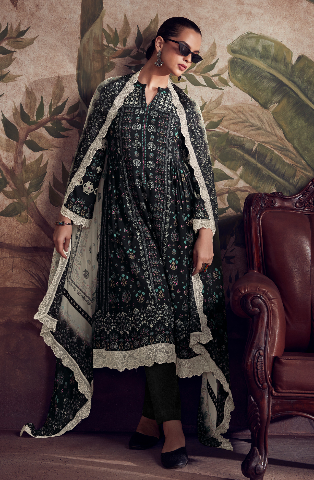Designer Black Pashmina Winter Unstitched Suit with Chinon Dupatta - HUM9134