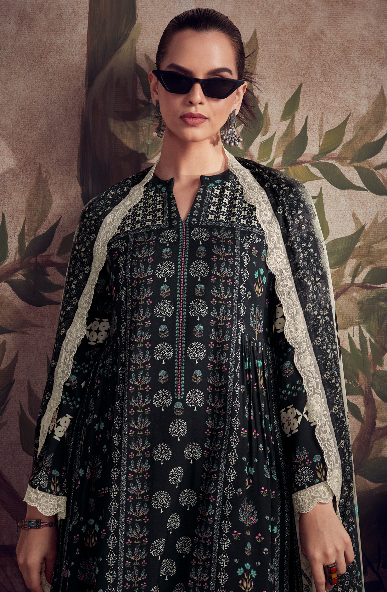 Designer Black Pashmina Winter Unstitched Suit with Chinon Dupatta - HUM9134