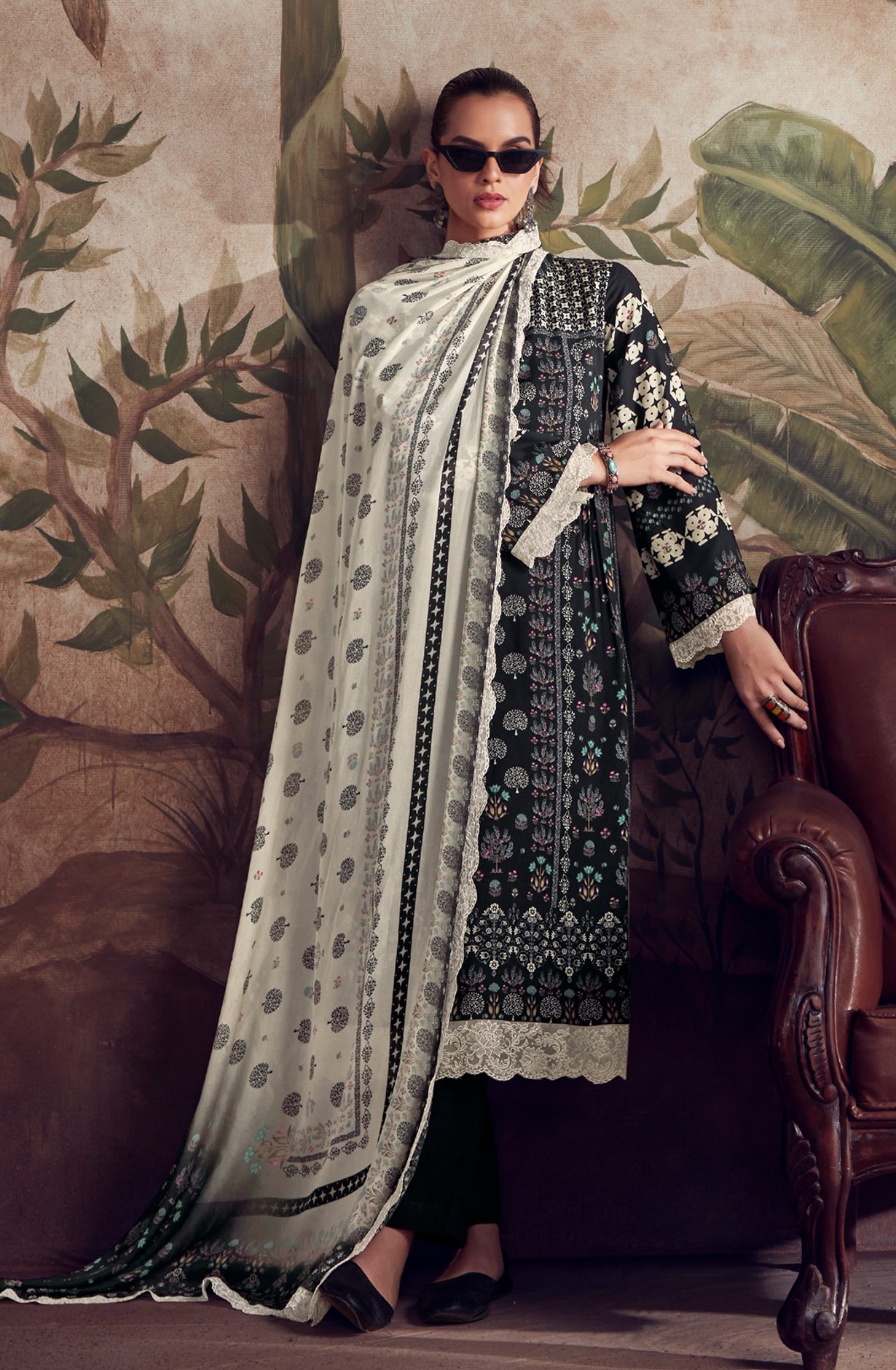 Designer Black Pashmina Winter Unstitched Suit with Chinon Dupatta - HUM9134