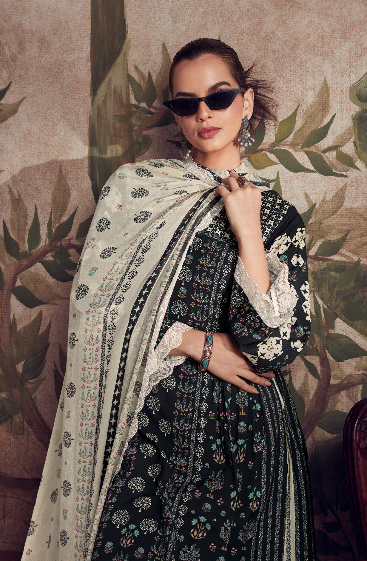 Designer Black Pashmina Winter Unstitched Suit with Chinon Dupatta - HUM9134