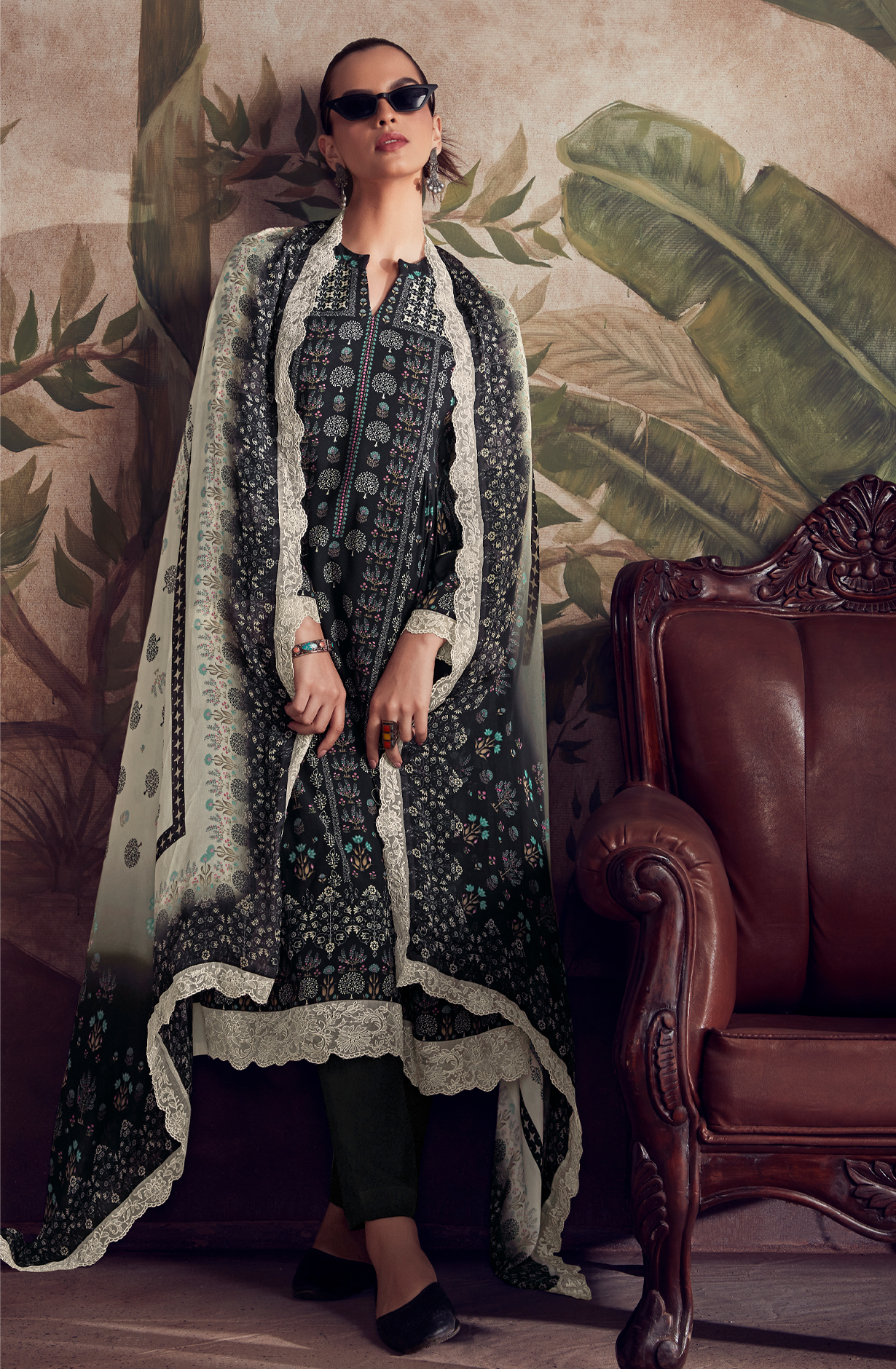 Designer Black Pashmina Winter Unstitched Suit with Chinon Dupatta - HUM9134