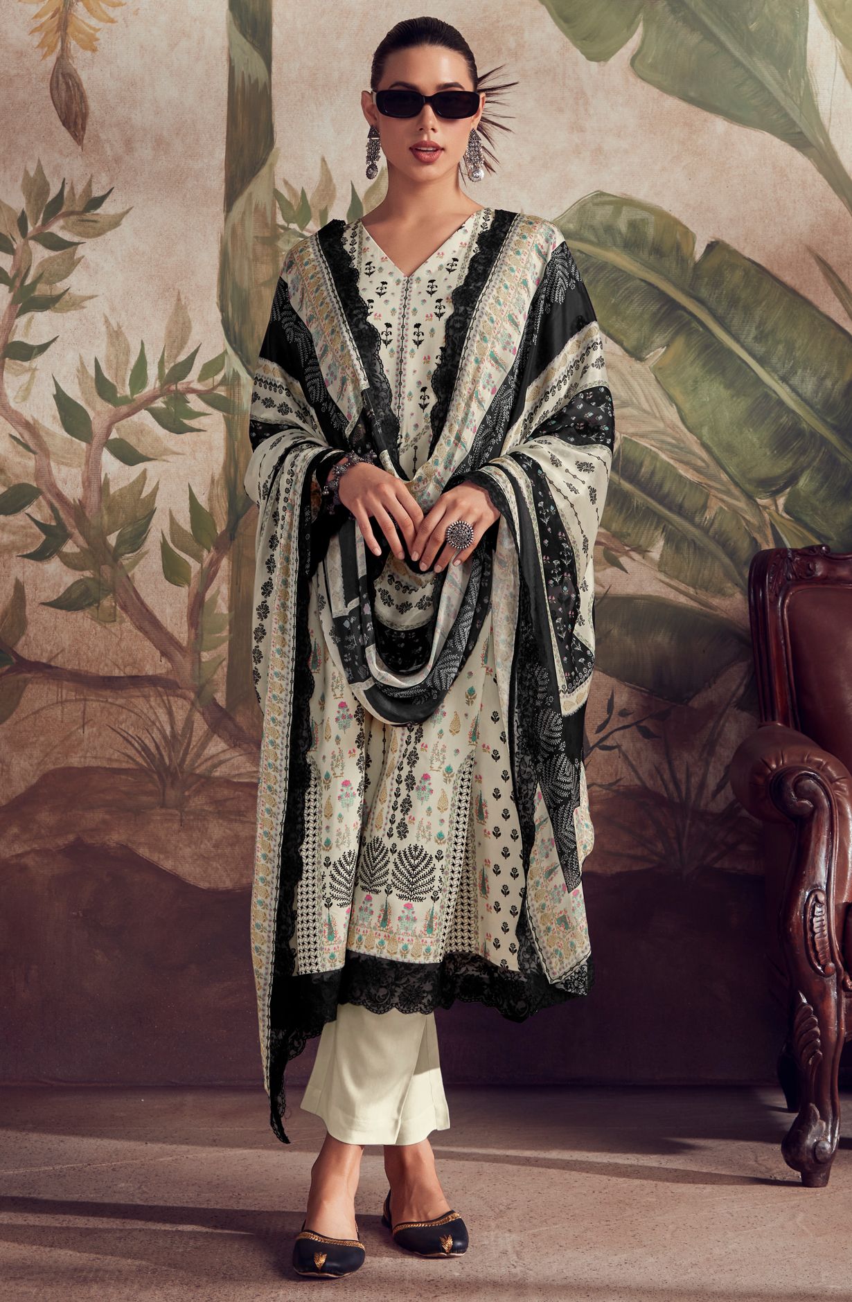 Designer Off-white Black Pashmina Winter Unstitched Suit with Chinon Dupatta - HUM9135