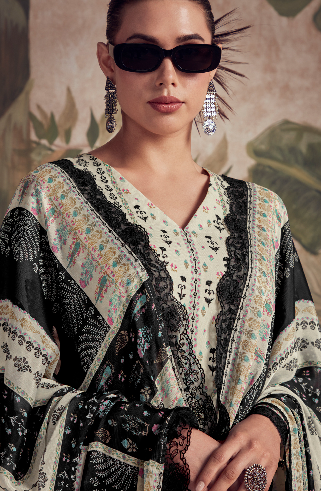 Designer Off-white Black Pashmina Winter Unstitched Suit with Chinon Dupatta - HUM9135
