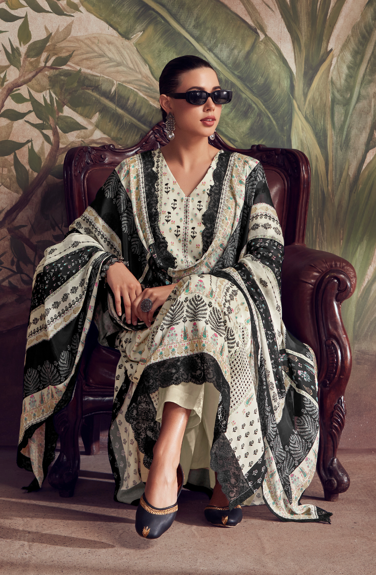Designer Off-white Black Pashmina Winter Unstitched Suit with Chinon Dupatta - HUM9135