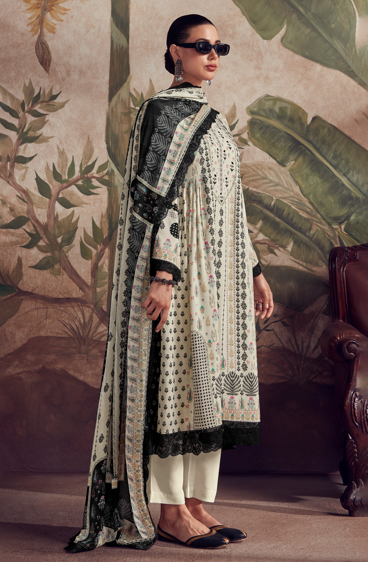 Designer Off-white Black Pashmina Winter Unstitched Suit with Chinon Dupatta - HUM9135
