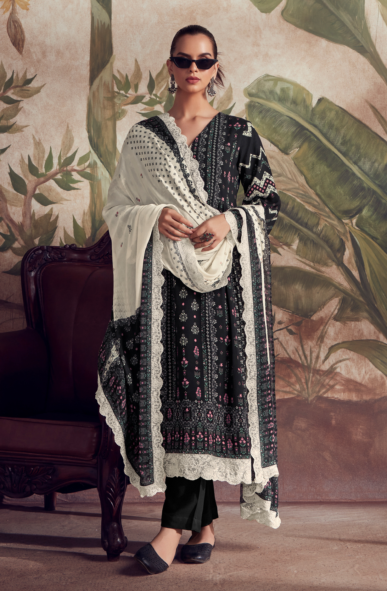 Designer Black Pashmina Winter Unstitched Suit with Chinon Dupatta - HUM9136