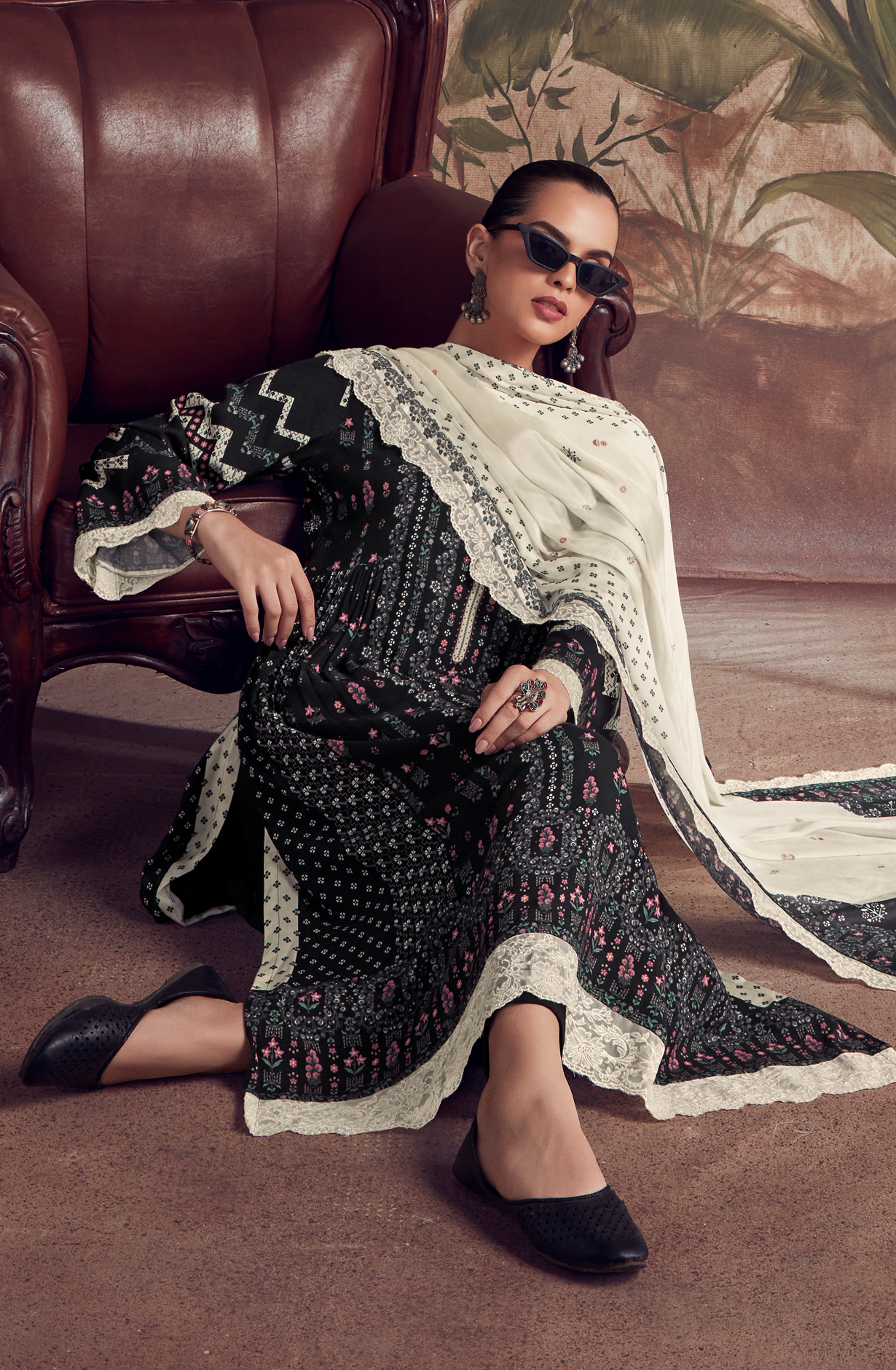 Designer Black Pashmina Winter Unstitched Suit with Chinon Dupatta - HUM9136