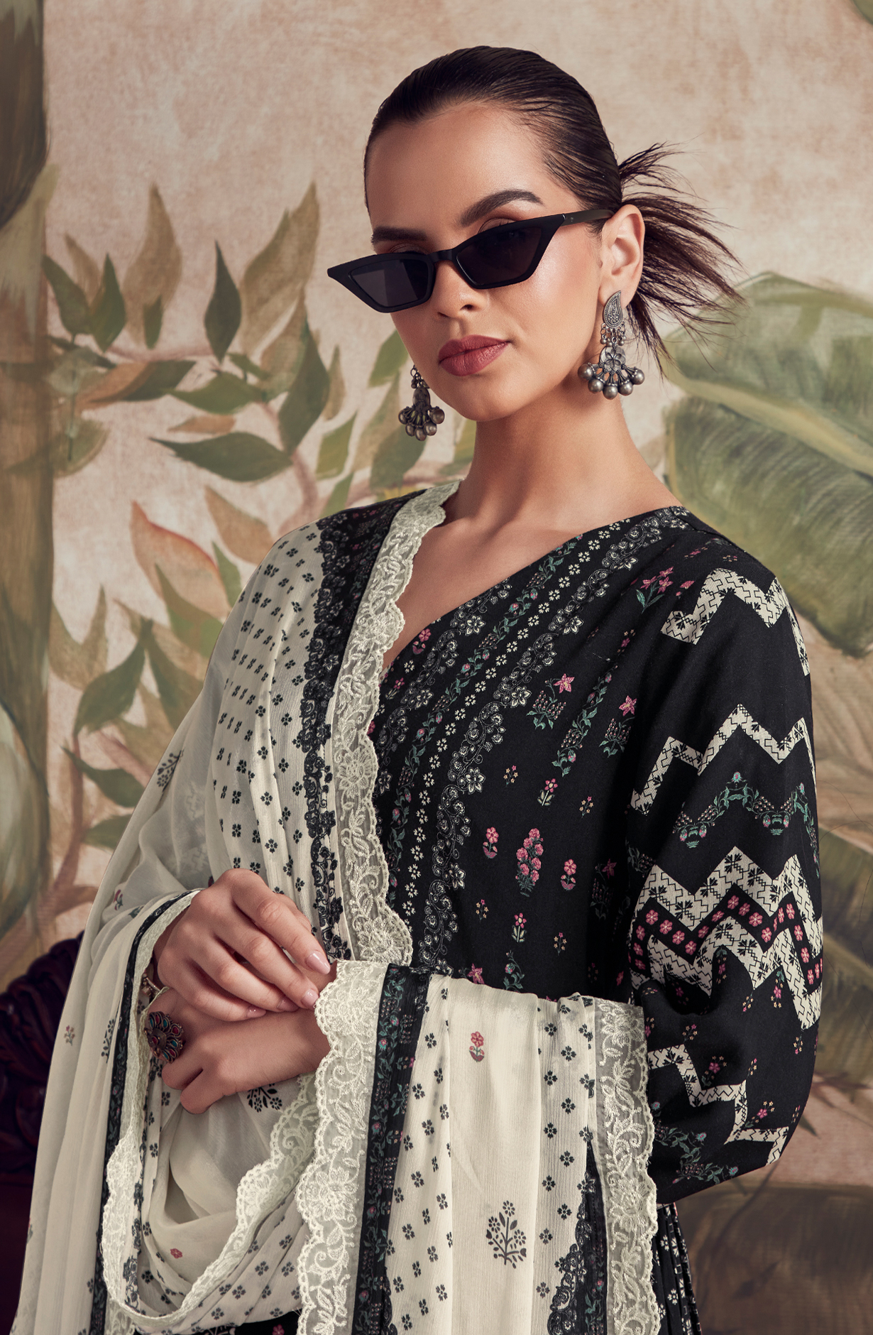 Designer Black Pashmina Winter Unstitched Suit with Chinon Dupatta - HUM9136
