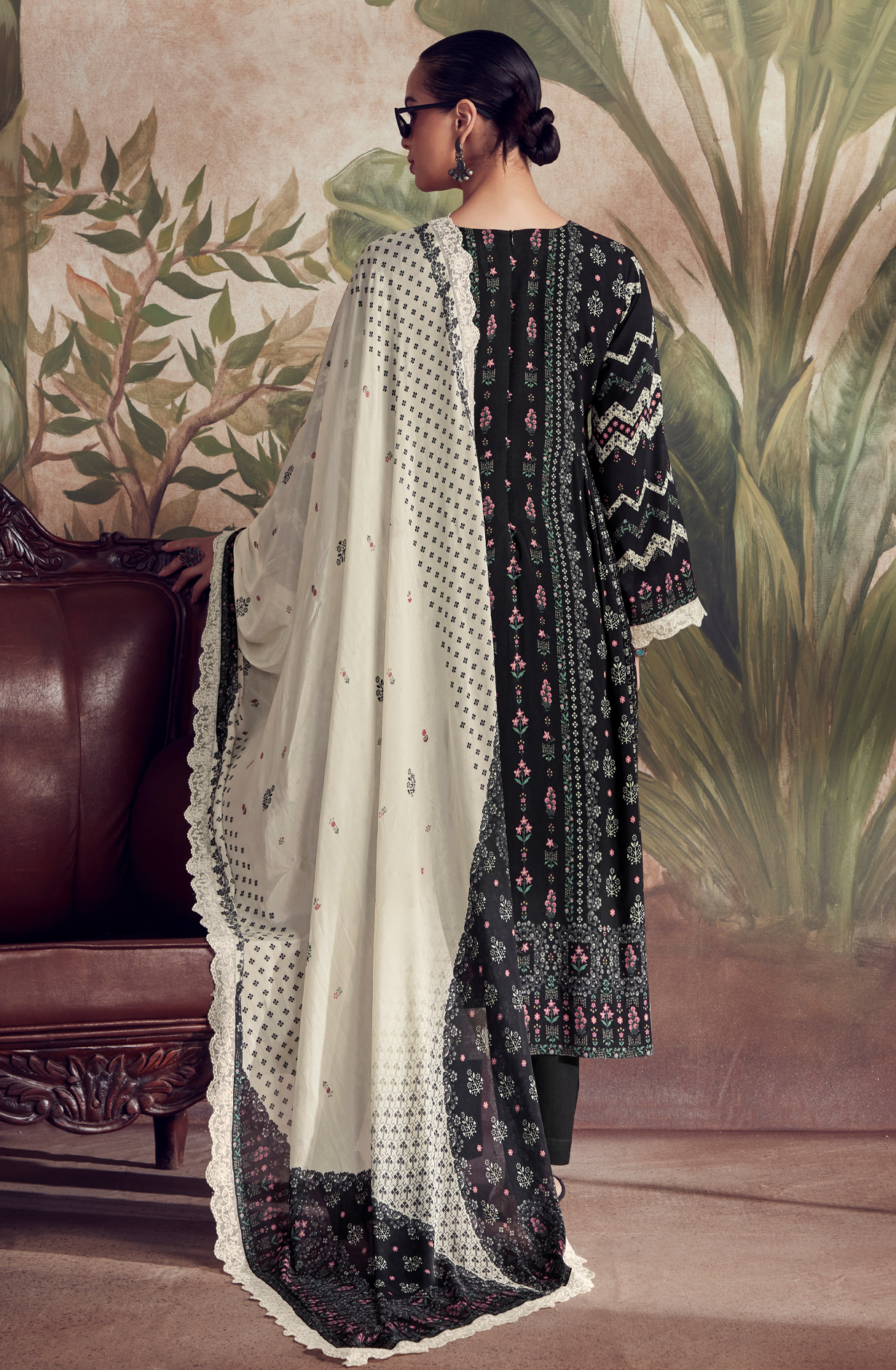 Designer Black Pashmina Winter Unstitched Suit with Chinon Dupatta - HUM9136