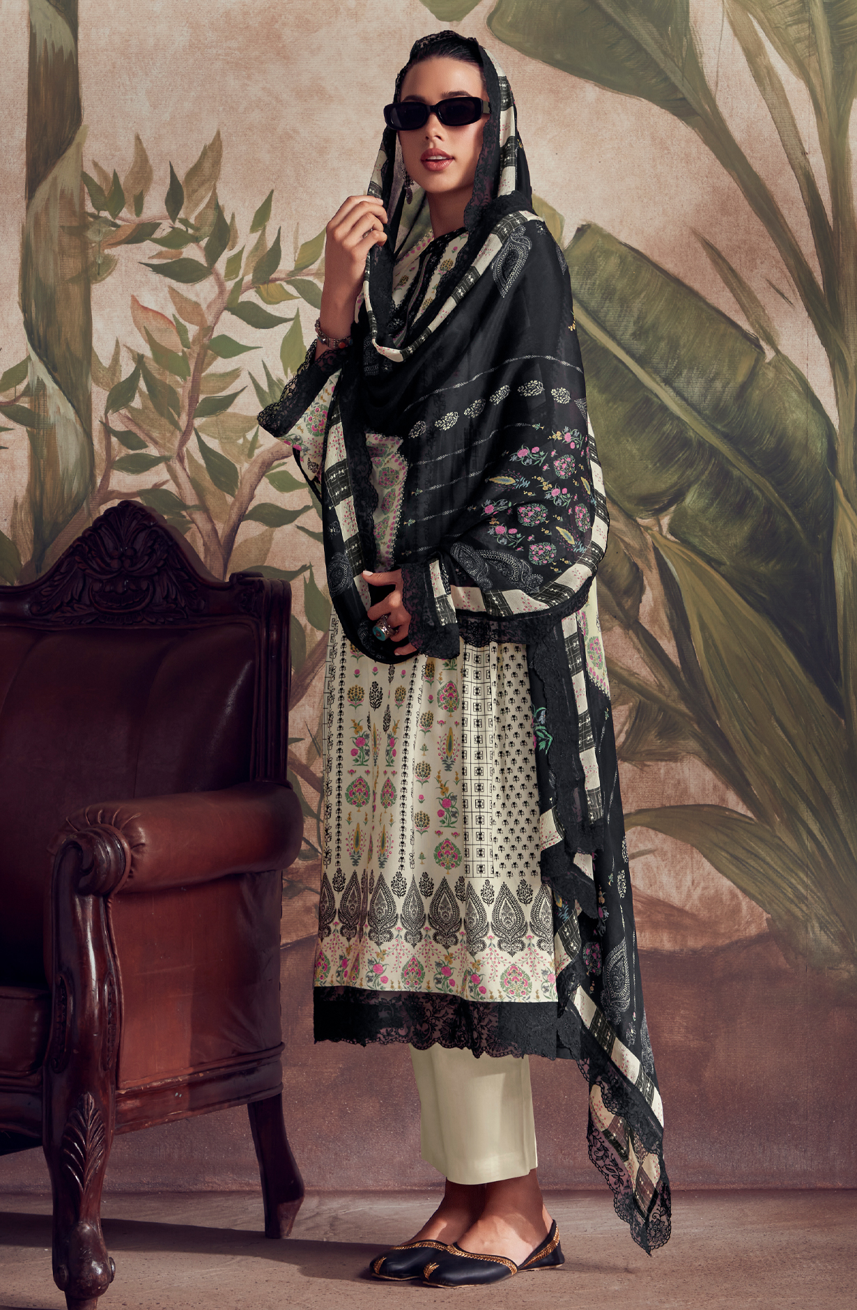 Designer Off-white Black Pashmina Winter Unstitched Suit with Chinon Dupatta - HUM9137