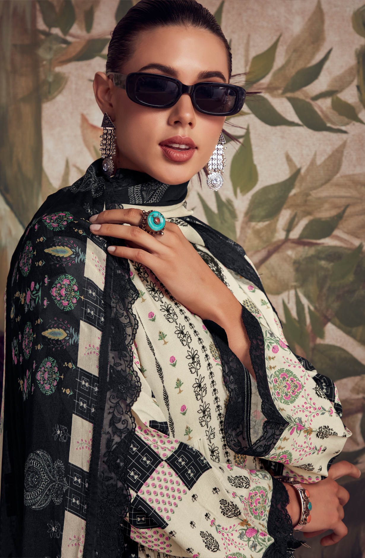 Designer Off-white Black Pashmina Winter Unstitched Suit with Chinon Dupatta - HUM9137