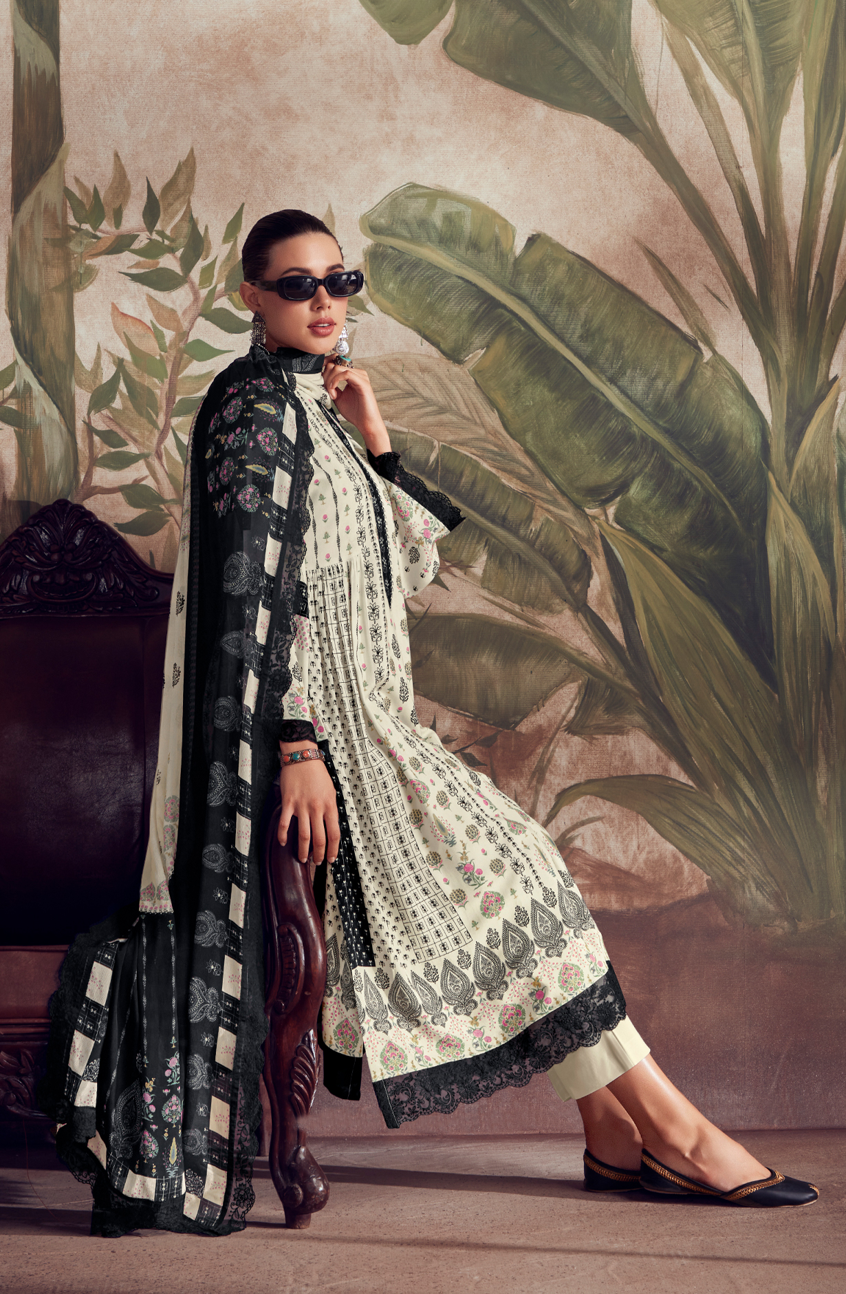 Designer Off-white Black Pashmina Winter Unstitched Suit with Chinon Dupatta - HUM9137