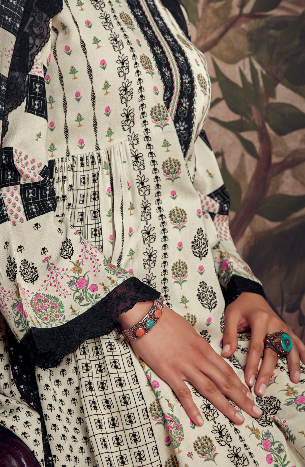 Designer Off-white Black Pashmina Winter Unstitched Suit with Chinon Dupatta - HUM9137