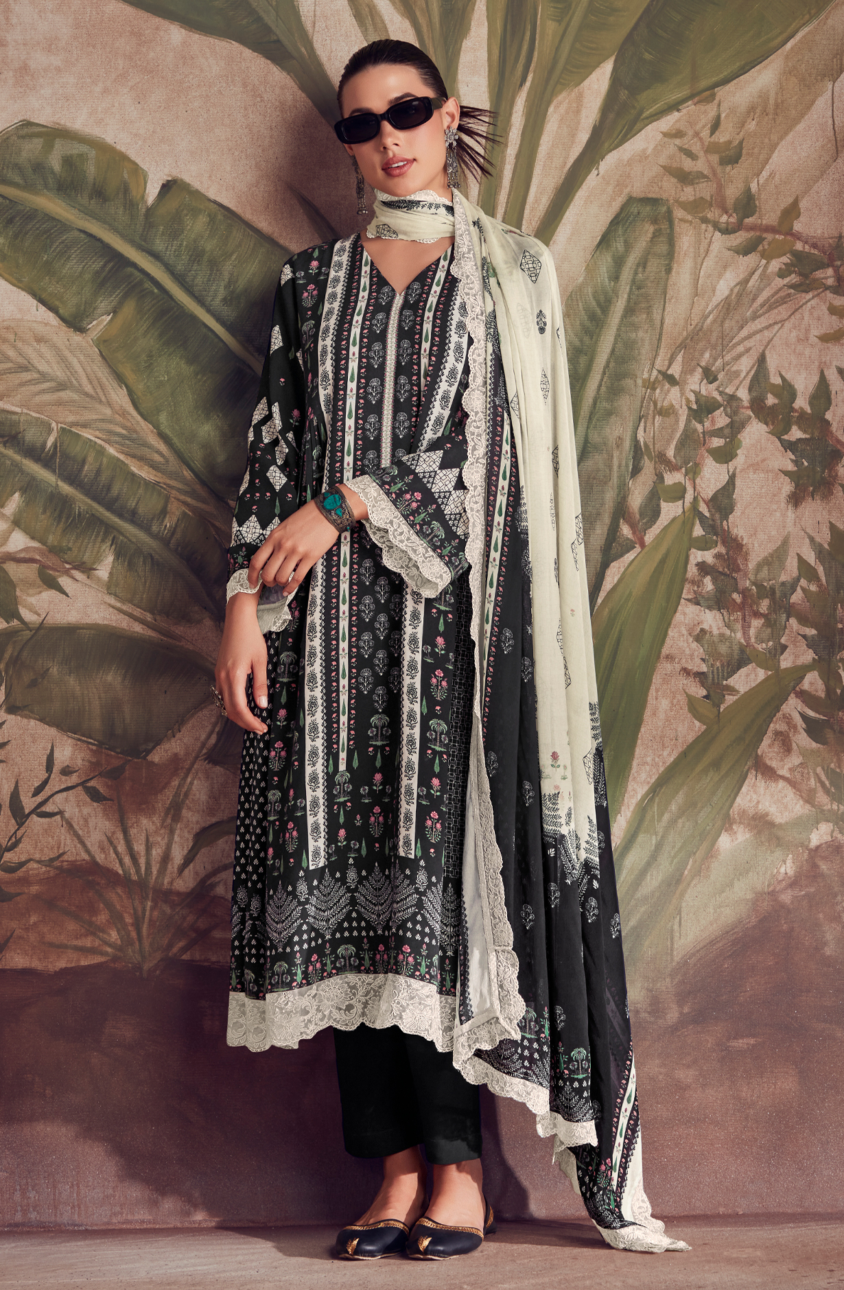 Designer Black Pashmina Winter Unstitched Suit with Chinon Dupatta - HUM9138