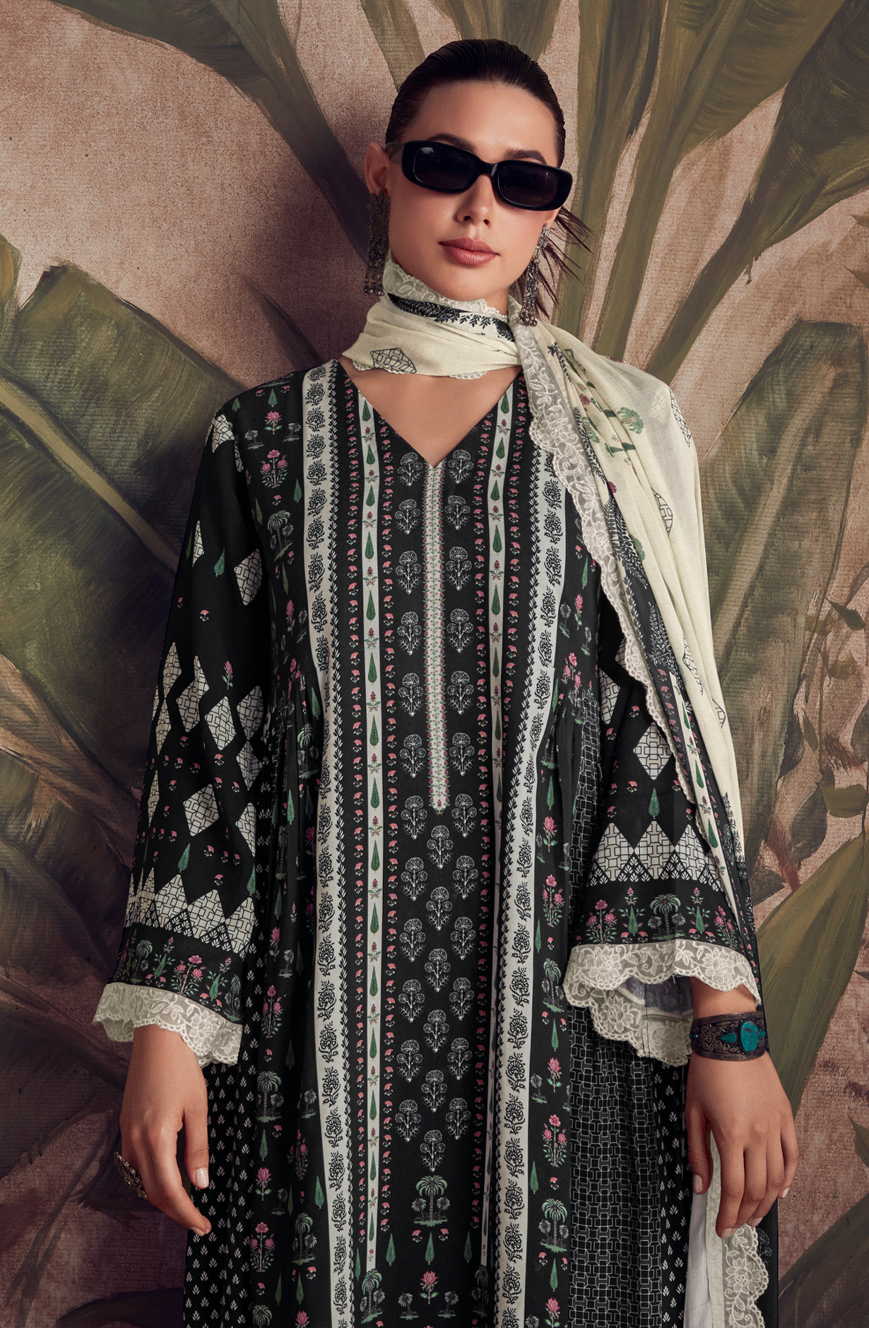 Designer Black Pashmina Winter Unstitched Suit with Chinon Dupatta - HUM9138