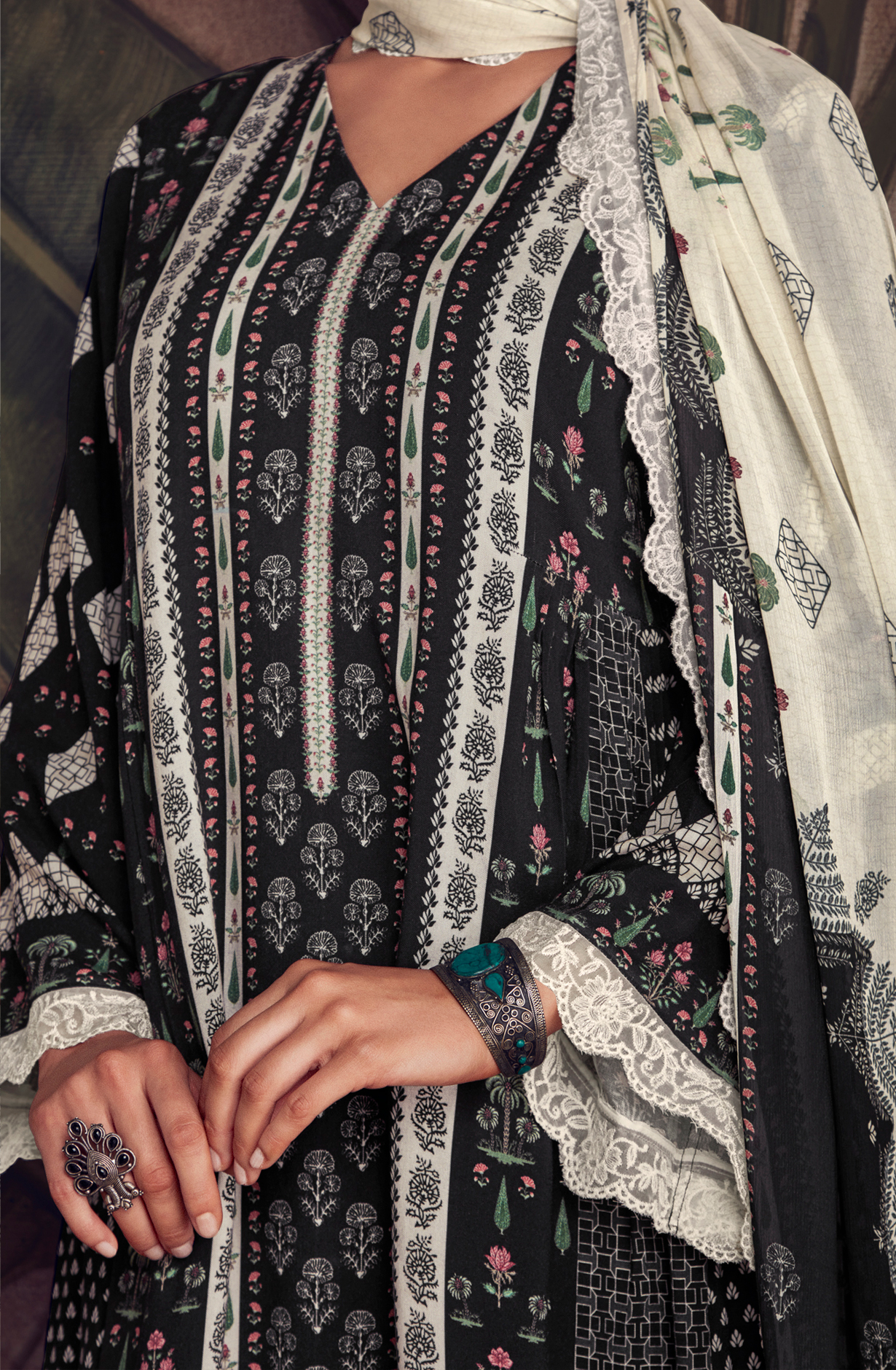 Designer Black Pashmina Winter Unstitched Suit with Chinon Dupatta - HUM9138