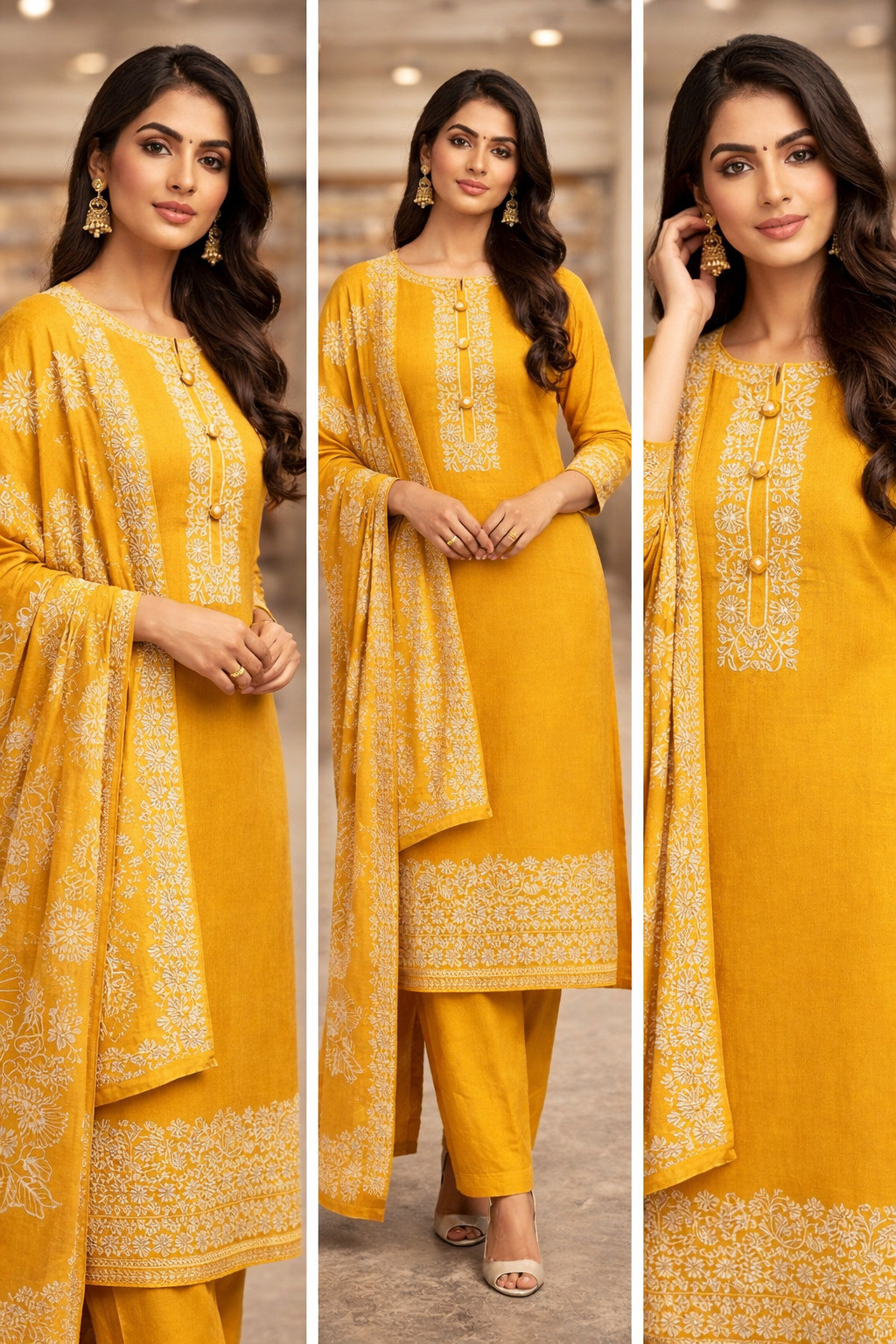 Mustard cotton block print Unstitched Suit Set with Dupatta - 131-KE1701