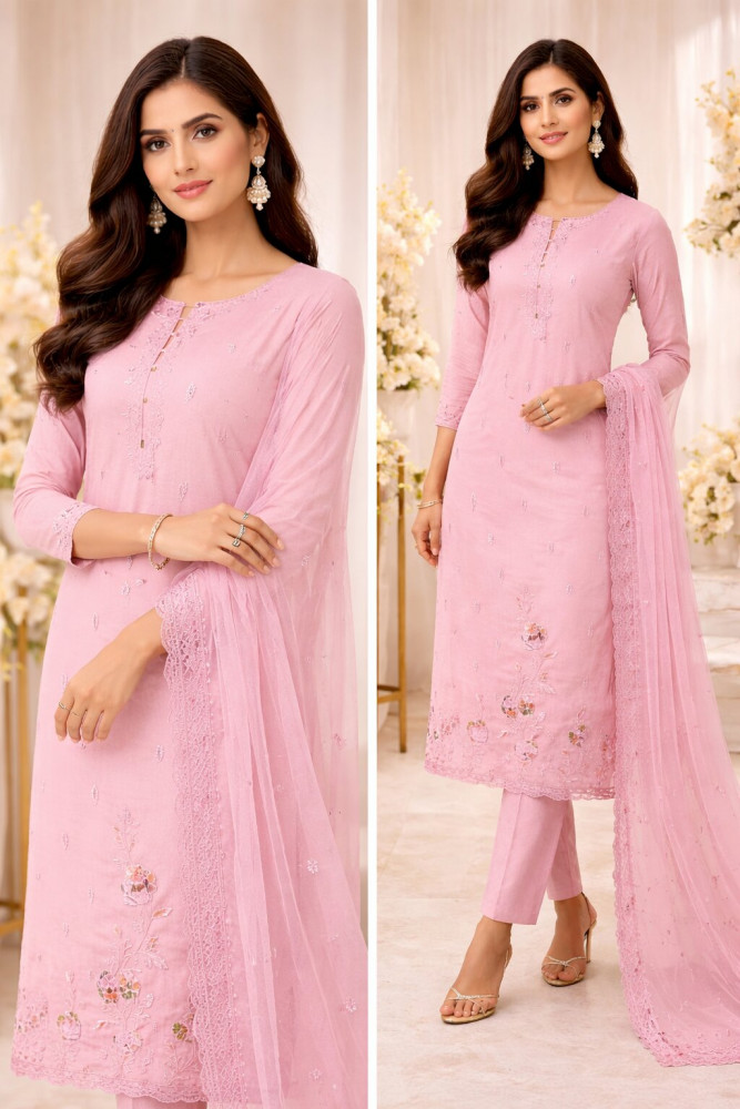 Image of Pink Cotton linen Beautiful Suit Set with Dupatta - 1020-5677A